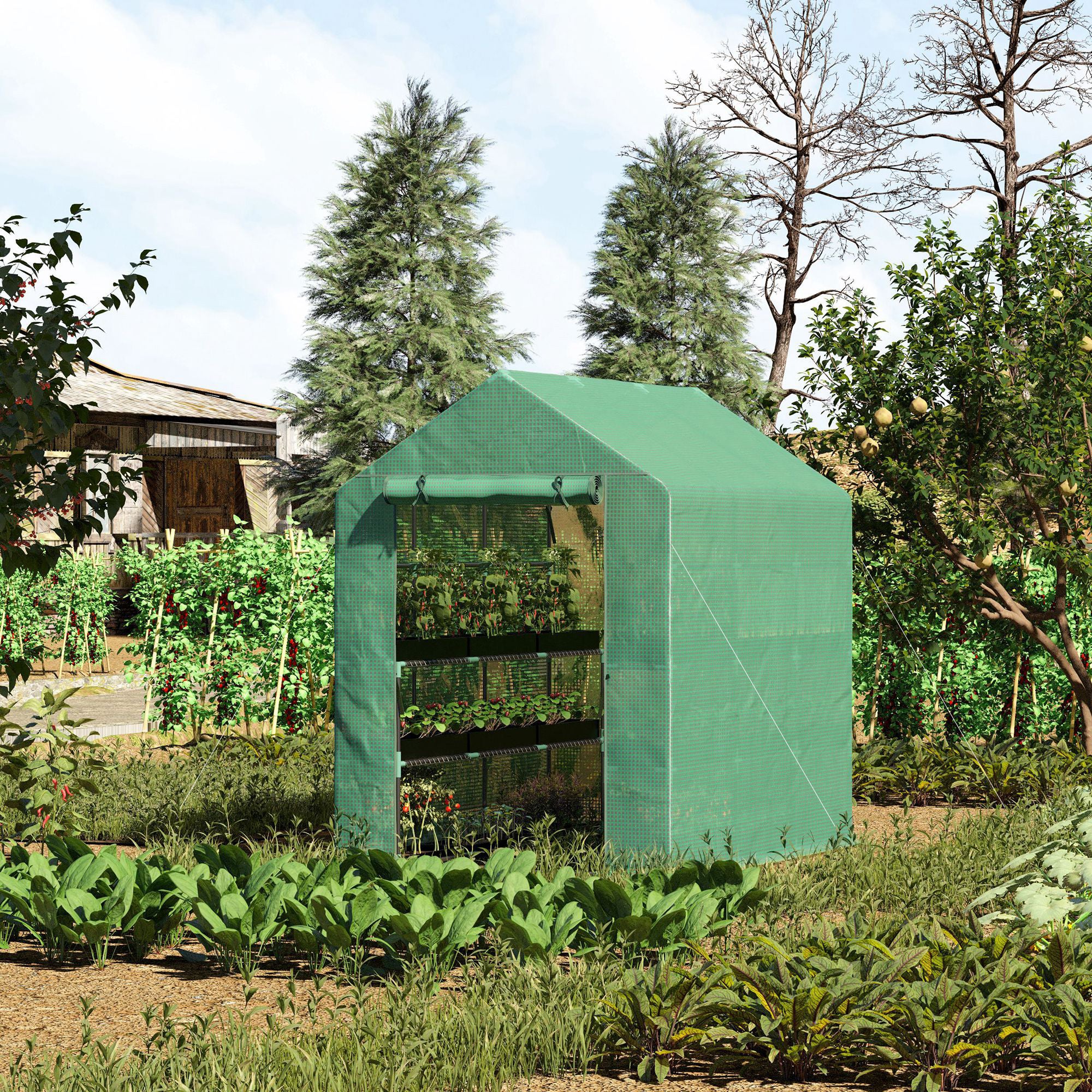 7' x 5' x 6' Walk-in Greenhouse for Outdoors with Mesh Door, 18 Shelf Hot House with Trellis, Plant Labels, UV Protective for Growing Flowers, Herbs, Vegetables, Saplings, Green - Green - Image 2