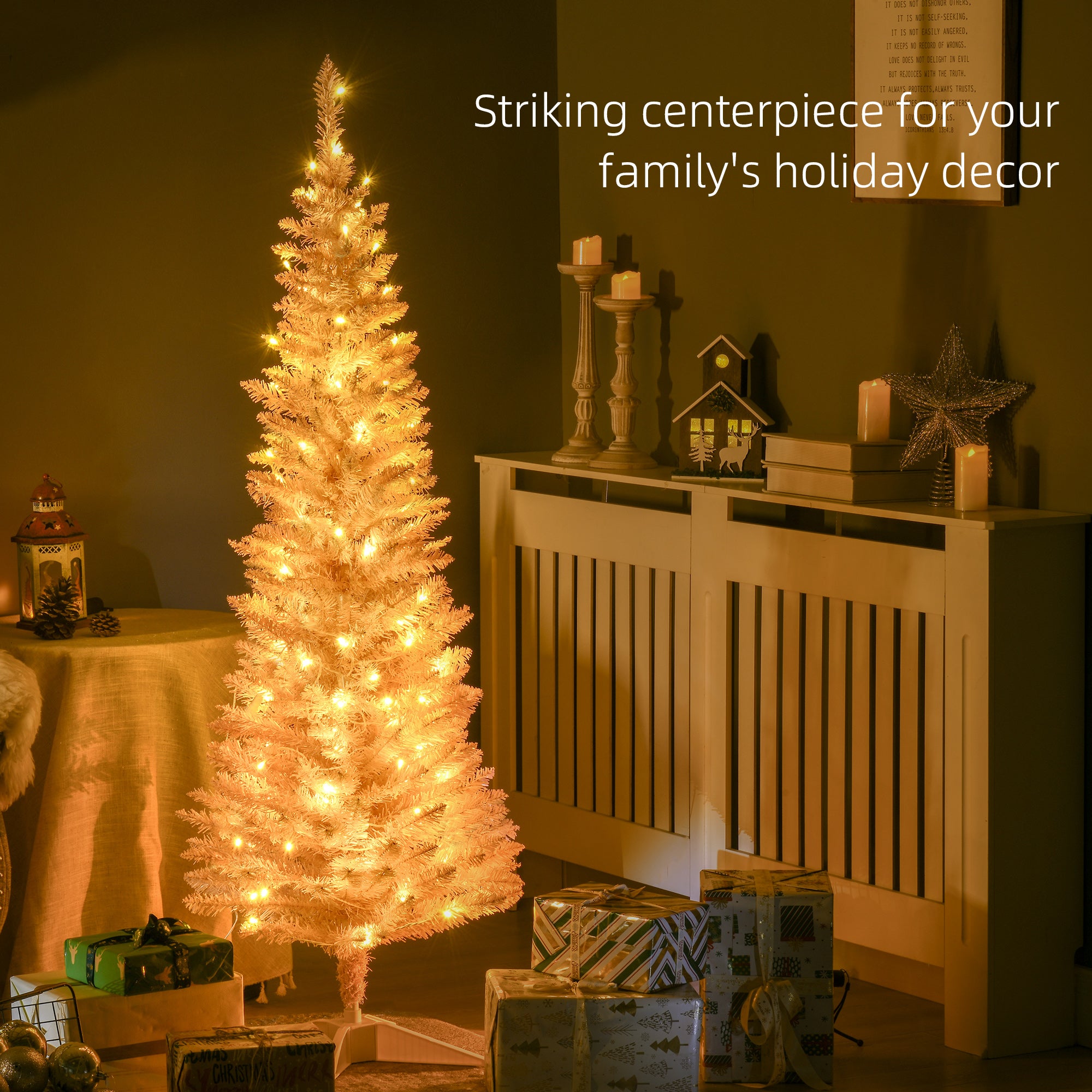5ft Pencil Christmas Tree, Slim Artificial Christmas Tree with Realistic Branches and Warm White LED Lights, Pink