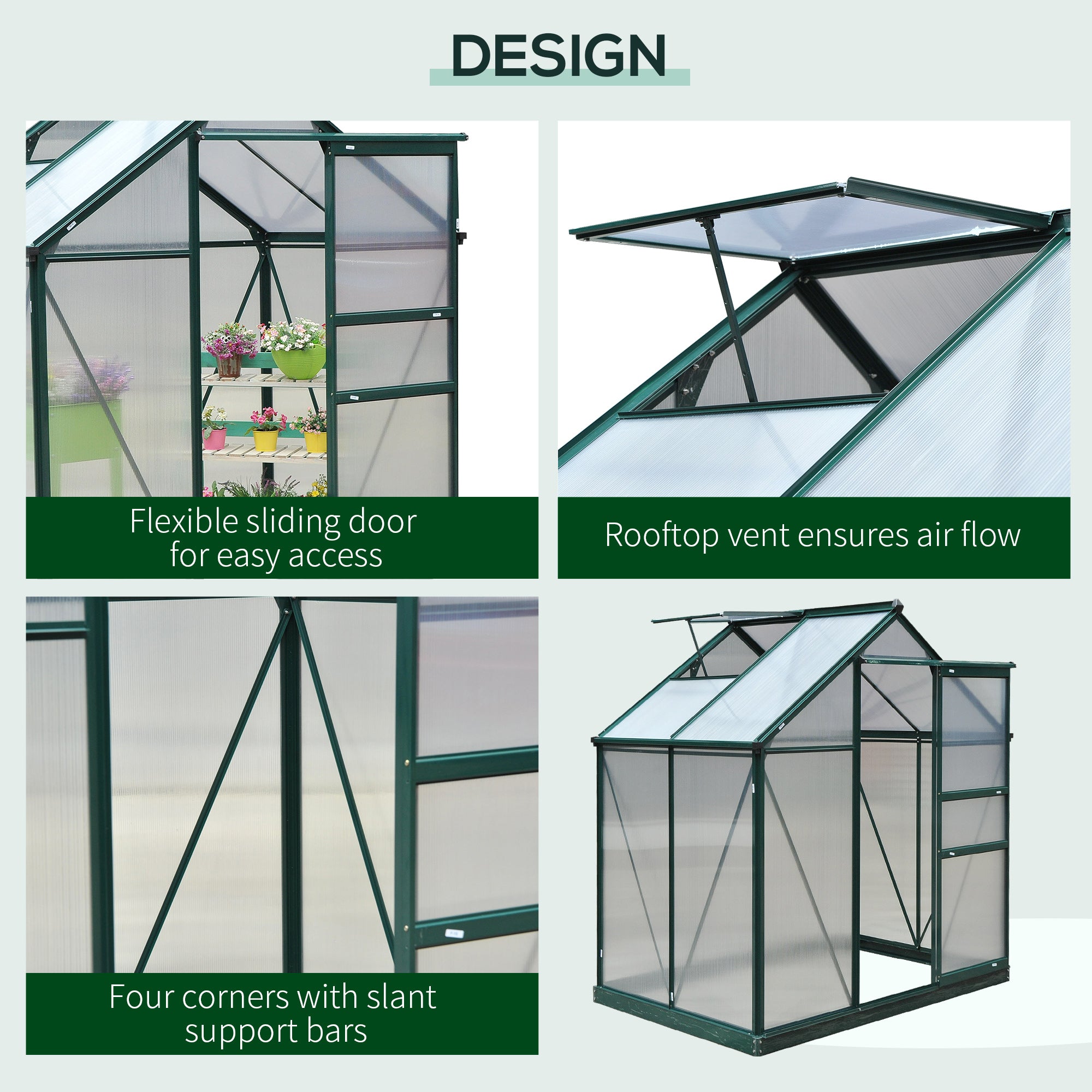 6' x 4' Greenhouse for Outdoors, Polycarbonate Greenhouse with Rain Gutter and Roof Vent, Aluminum Walk-in Green Houses for Outside for Patio Backyard Garden, Dark Green - Dark Green - Image 6