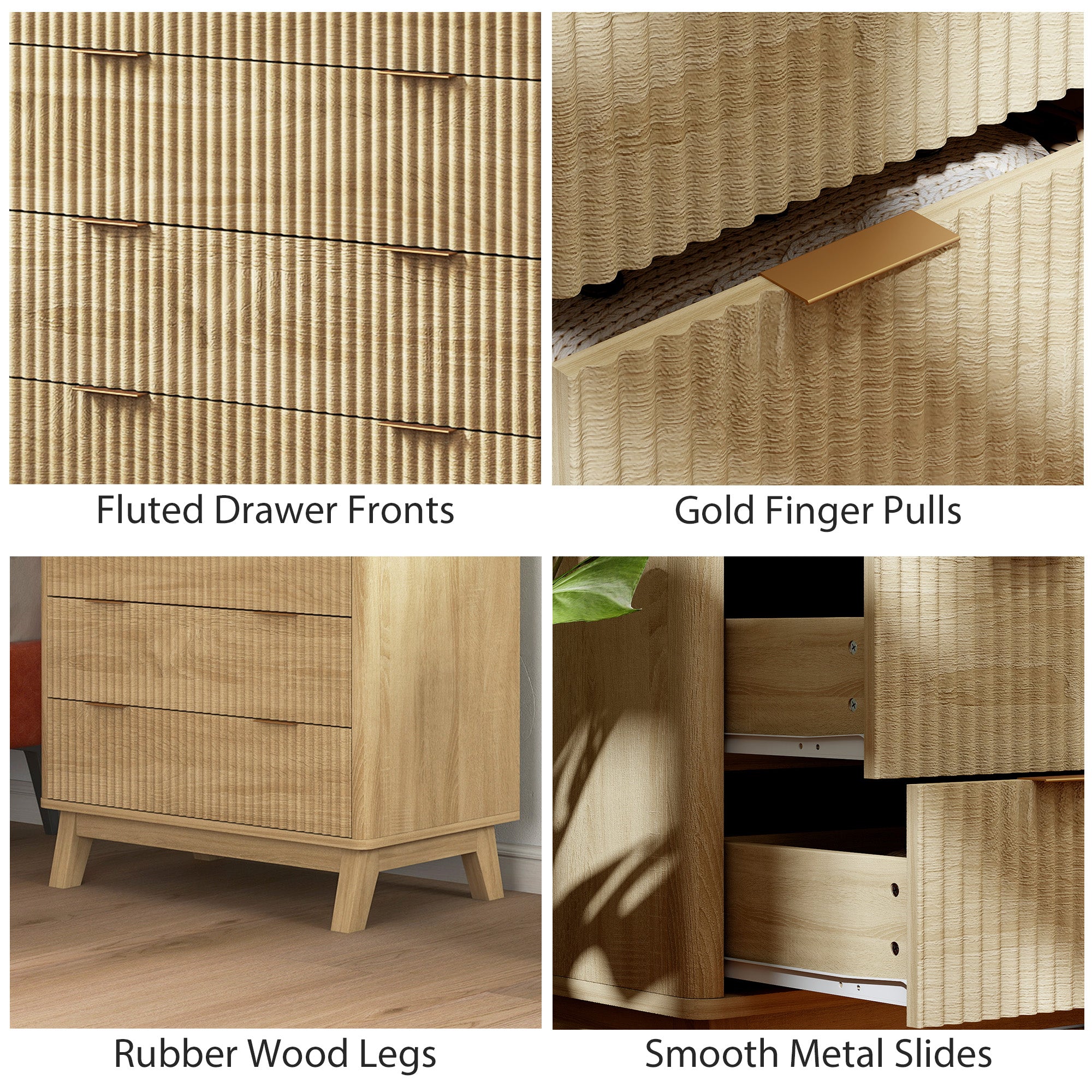4 Drawer Double Dresser for Bedroom, Fluted Chest of Drawers with Gold Finger Pulls and 4 Wood Legs, Natural Wood