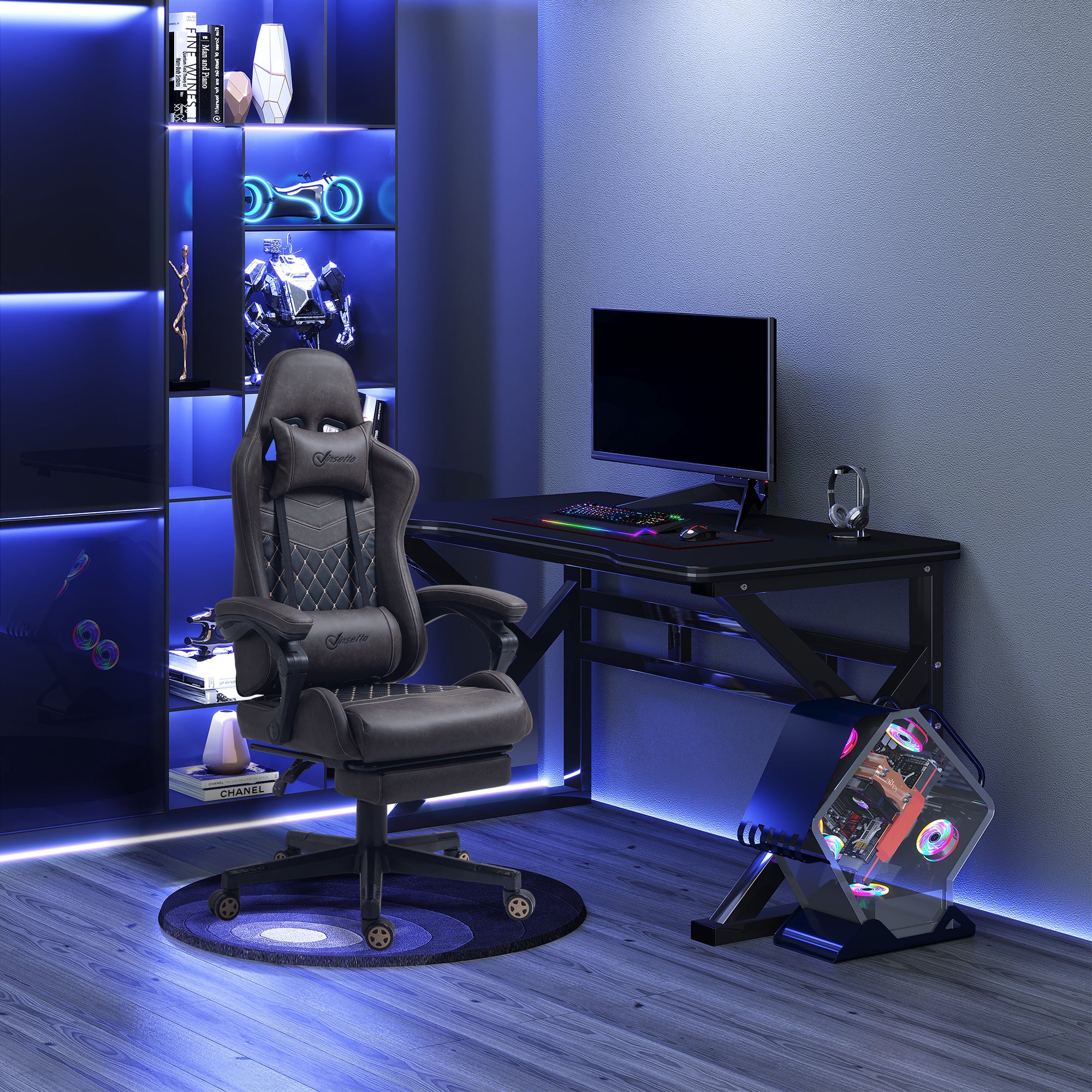 Racing Gaming Chair Diamond PU Leather Office Gamer Chair High Back Swivel Recliner with Footrest, Lumbar Support, Adjustable Height, Brown
