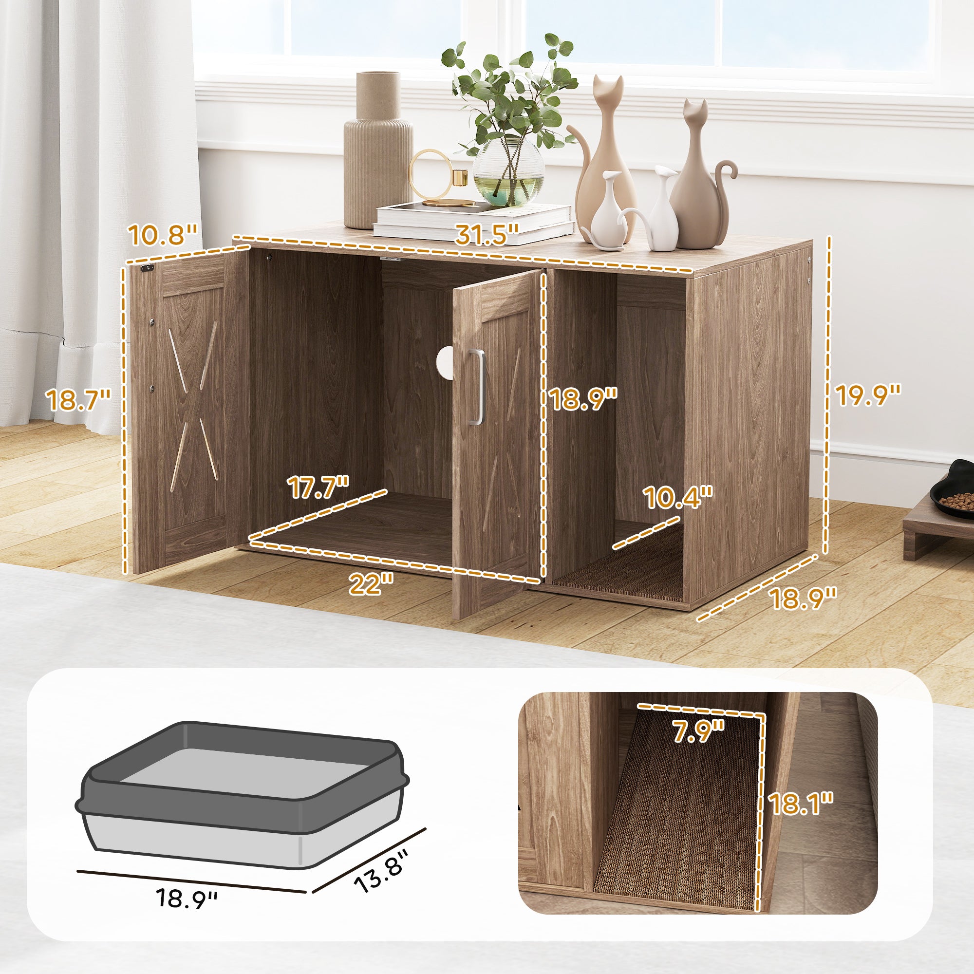 Cat Litter Box Enclosure with Scratching Board, Cat Washroom End Side Table, 31.5" x 19" x 20", Walnut Brown - Walnut - Image 3