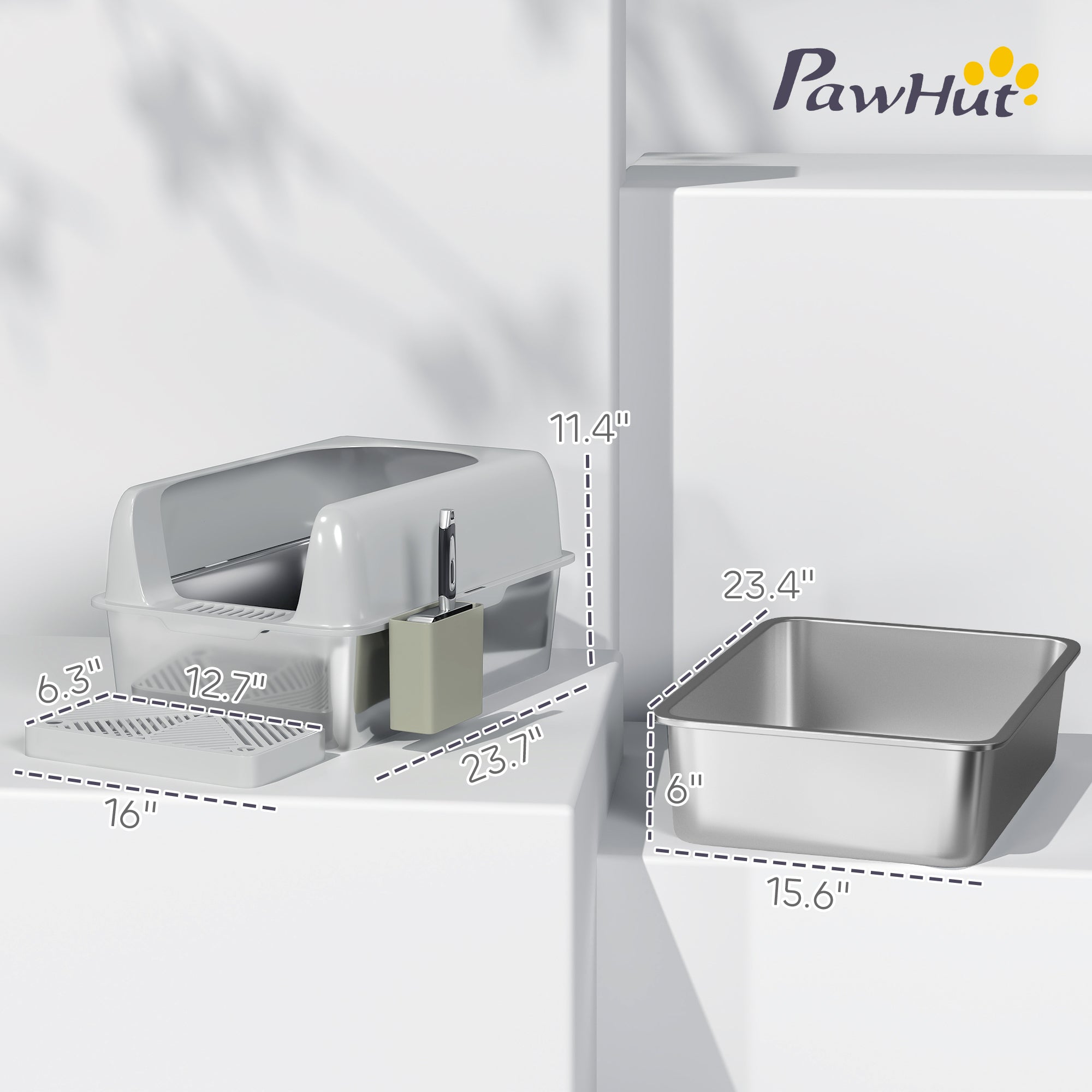 High Sided Stainless Steel Litter Box with Metal Scoop & Scoop Holder, for Easy Clean& Anti-Urine Leakage, Light Gray - Light Gray - Image 3