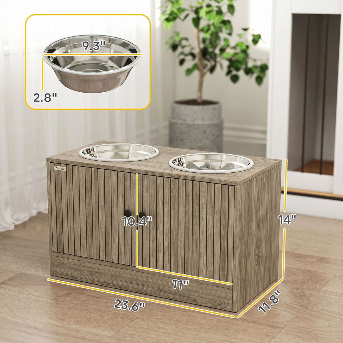 Elevated Dog Bowls with Storage Cabinet, 2 Stainless Steel Bowls, Slow Feeder, Dog Feeding Station for Large Dogs, Brown Wood Grain