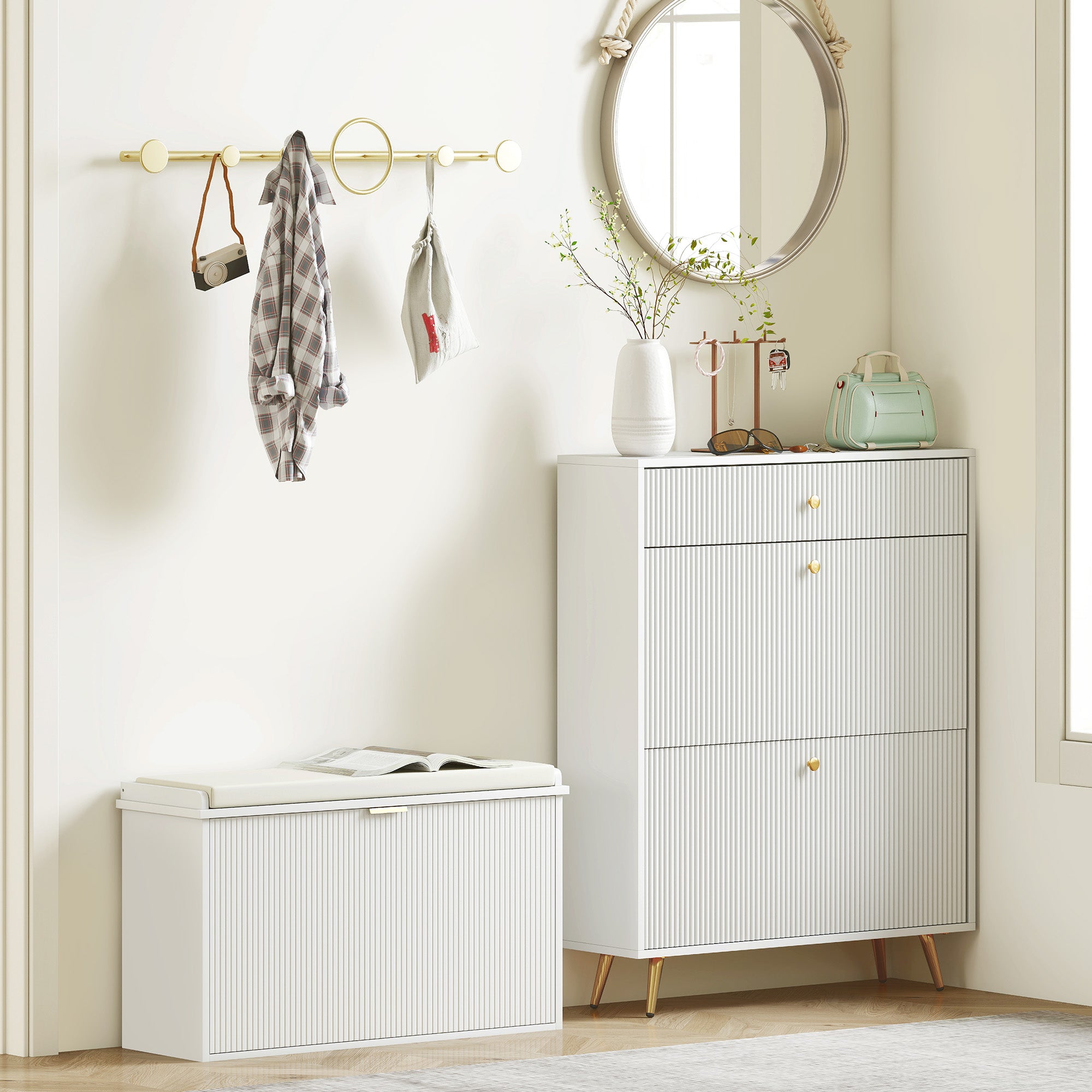 Shoe Storage Bench with Padded Seat Cushion and Flip-Drawer, Entryway Bench, Shoe Cabinet, 31.5x10.2x18.7 Inches, White