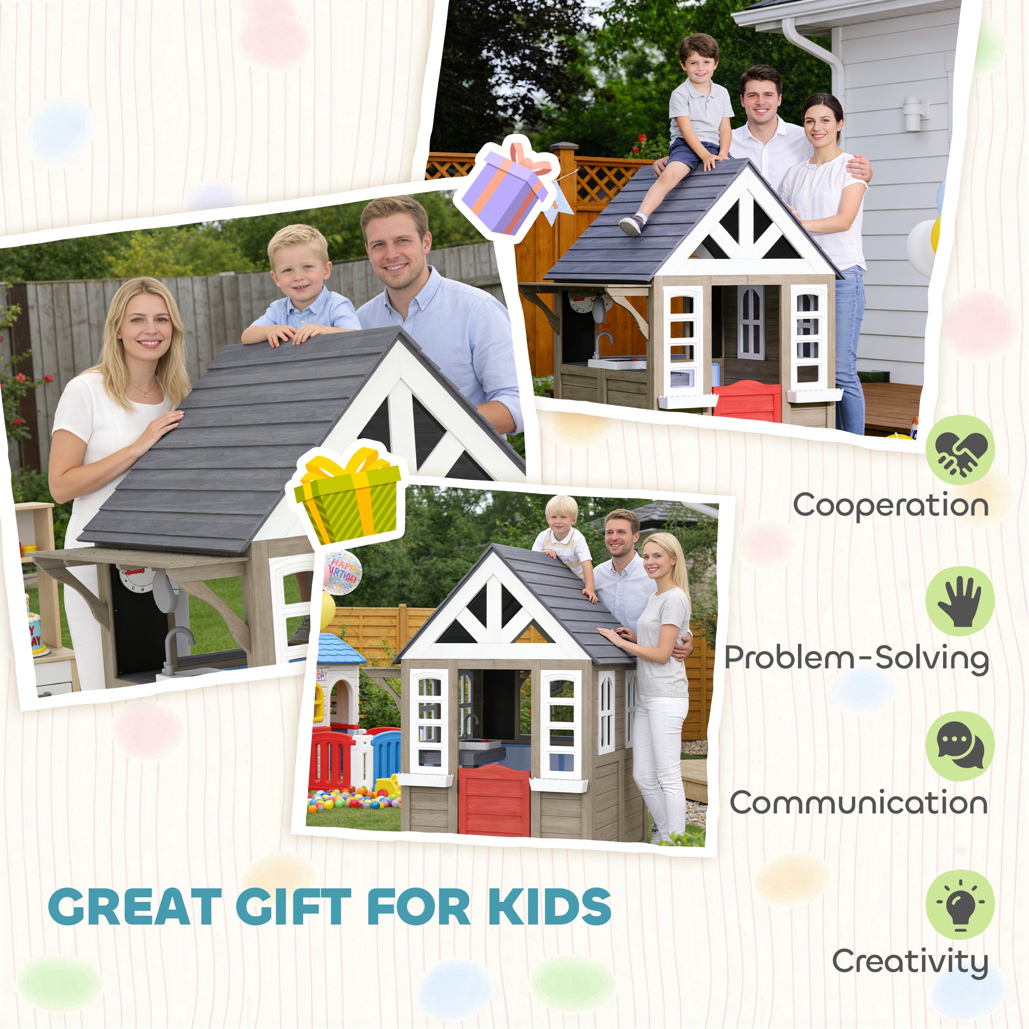 Outdoor Playhouse, Wooden Kids Playhouse with Dog Door, Flower Box, Cookware & Window for Garden Ages 2+, Gray