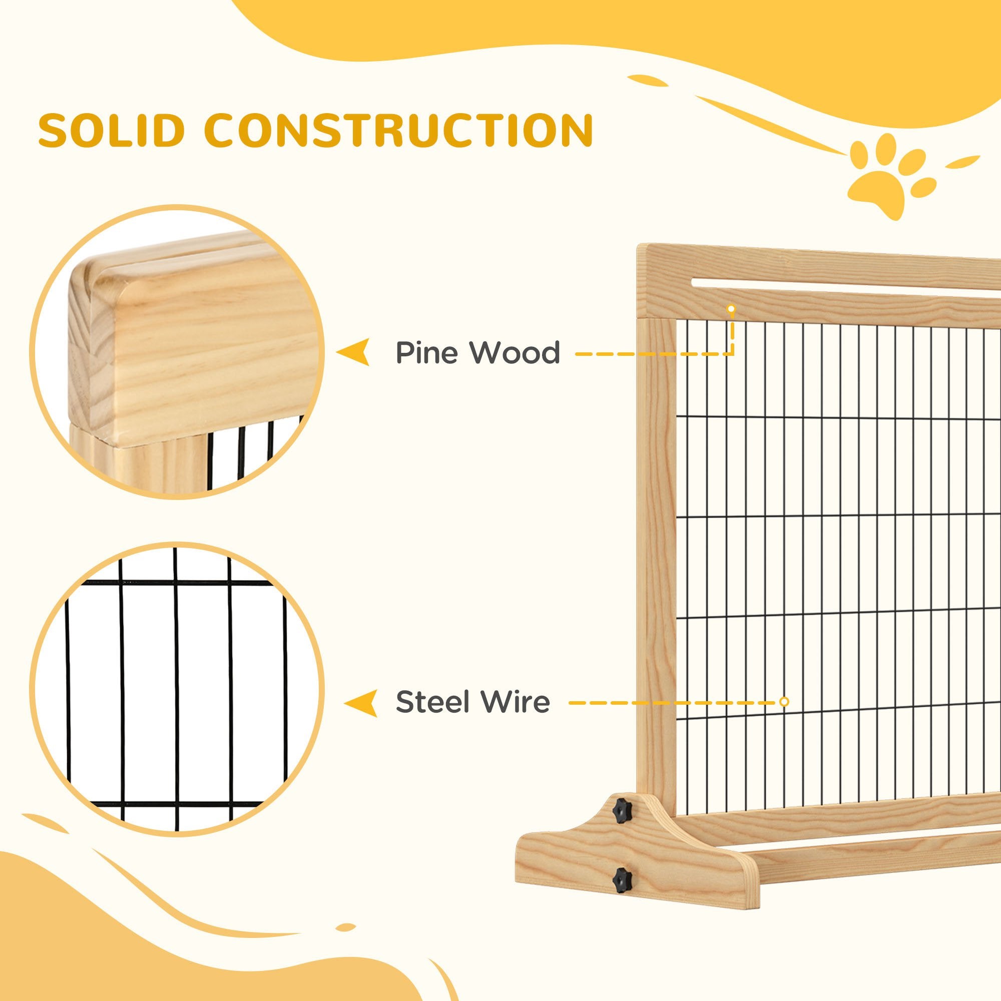 71" W x 27" H Extra Wide Freestanding Pet Gate with Adjustable Length Dog, Cat, Barrier for House, Doorway, Hallway, Natural - Natural Wood - Image 6