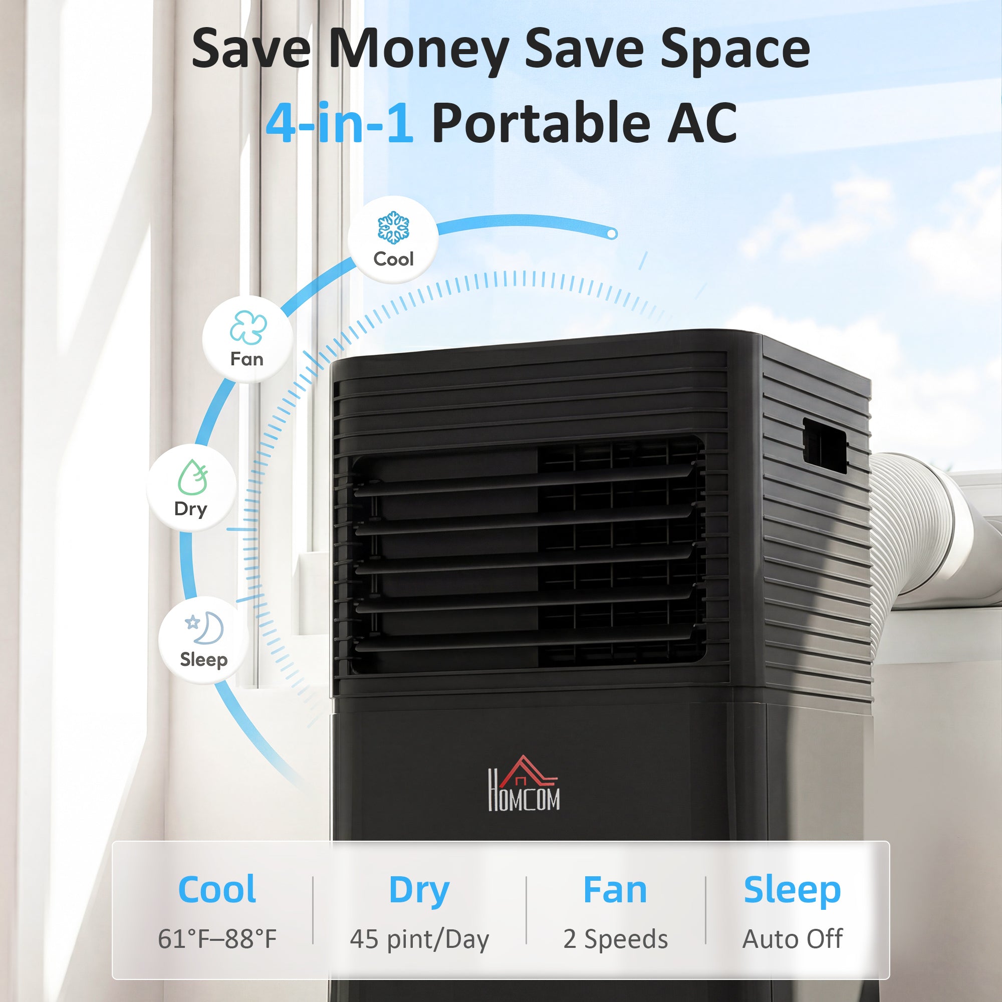 8000 BTU Portable Air Conditioner with Dehumidifier, Cooling Fan, Sleep, Remote, 24H Timer, Auto Off, Black