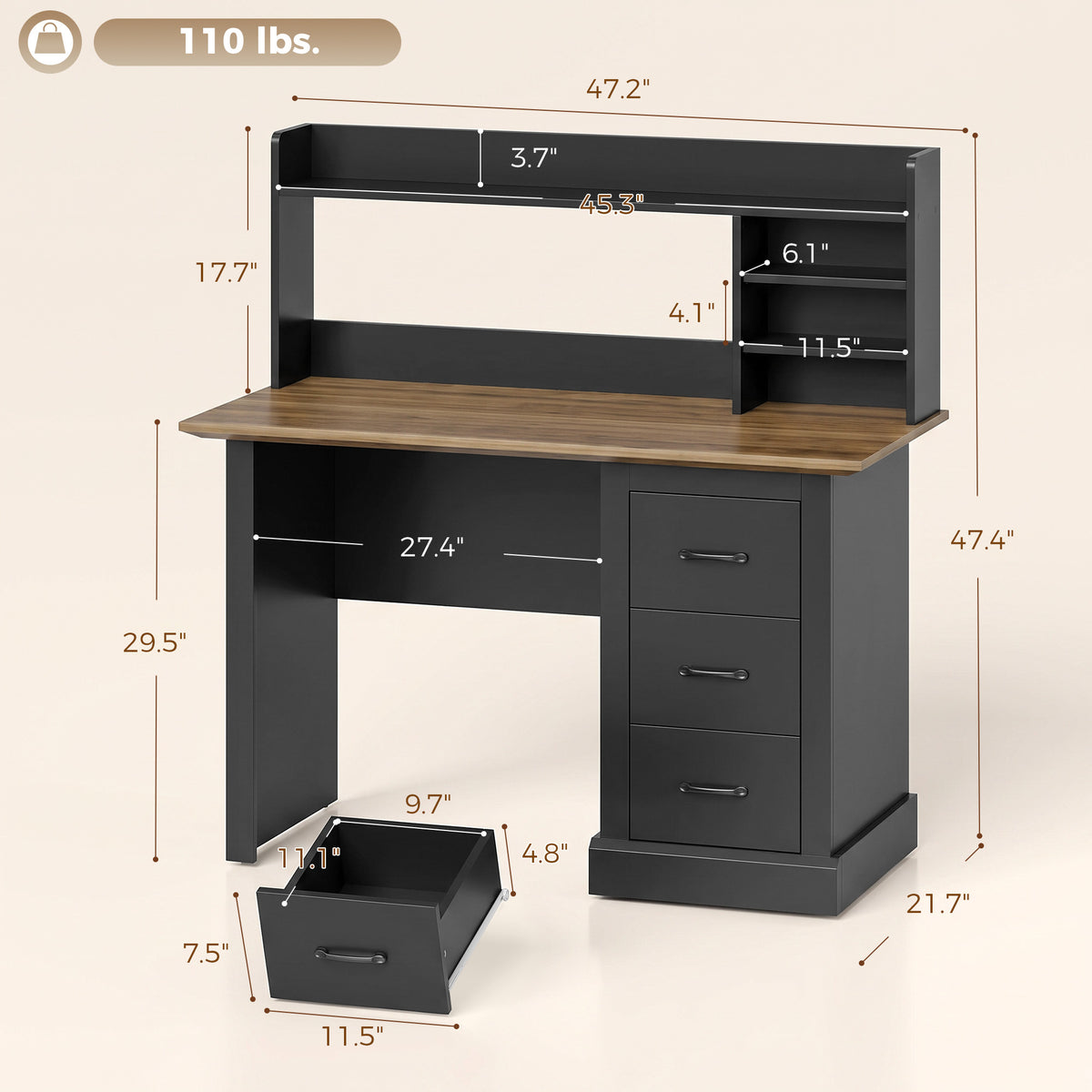 Computer Desk with 3 Drawers and Storage Shelves, 47" Home Office Study Writing Table, Walnut and Black