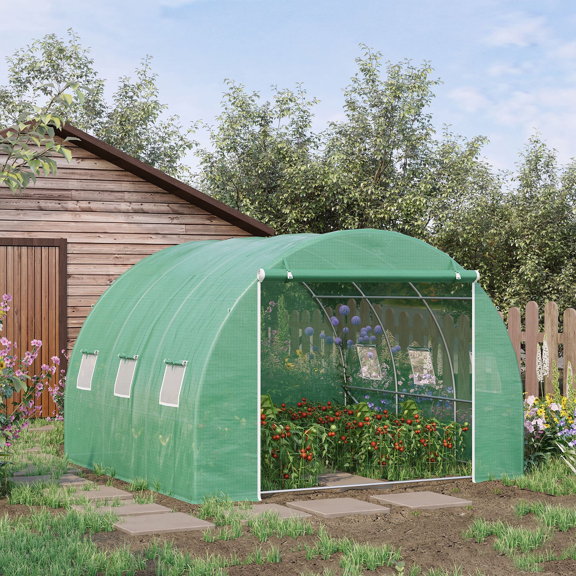 10' x 10' x 7' Walk-in Tunnel Greenhouse with High-Quality Transparent PE Cover, Zipper Doors & Windows - Green - Image 2