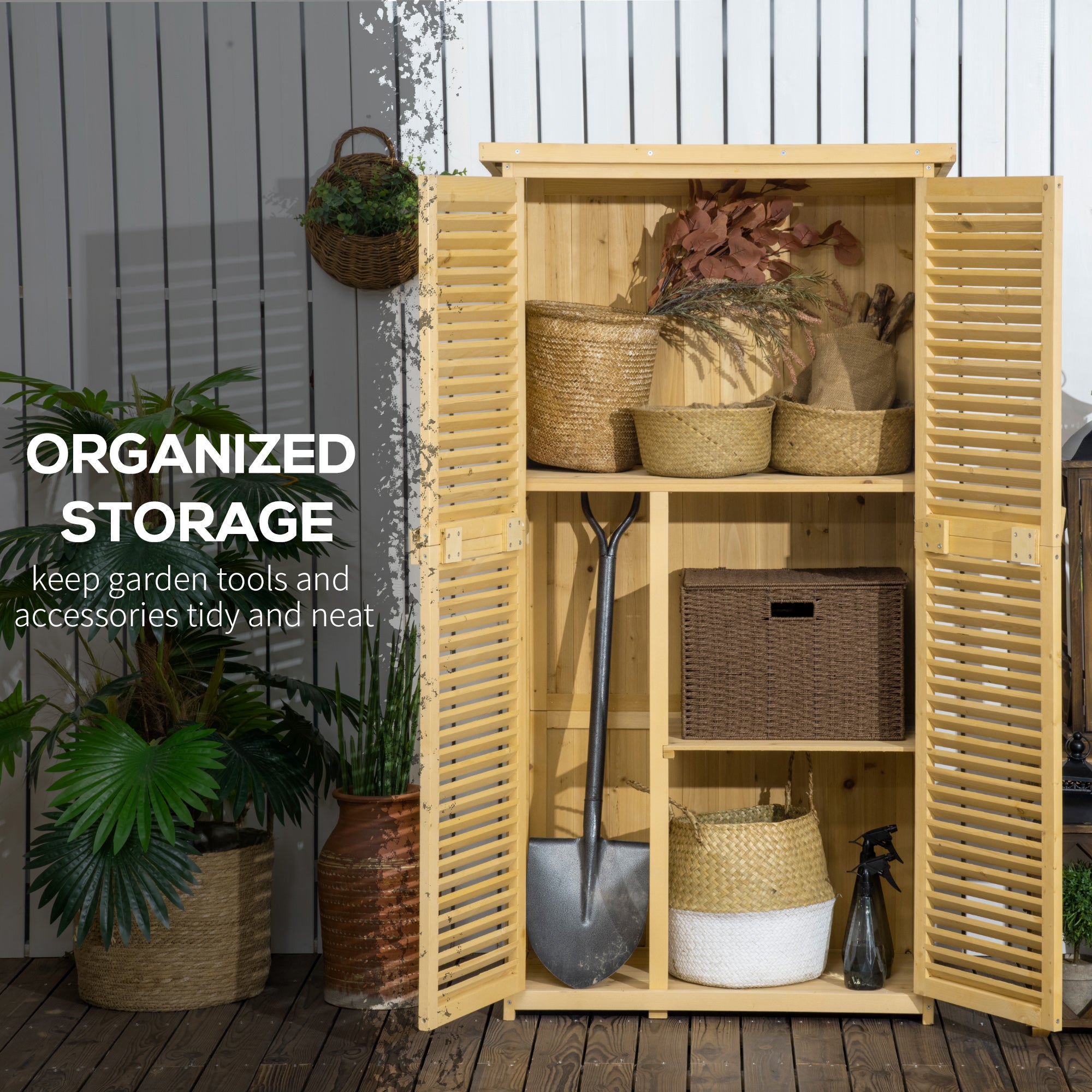 5' x 3' Wooden Outdoor Storage Cabinet, Garden Sheds & Outdoor Storage with Asphalt Roof & 2 Large Wood Doors with Lock, Natural - Natural Wood - Image 5