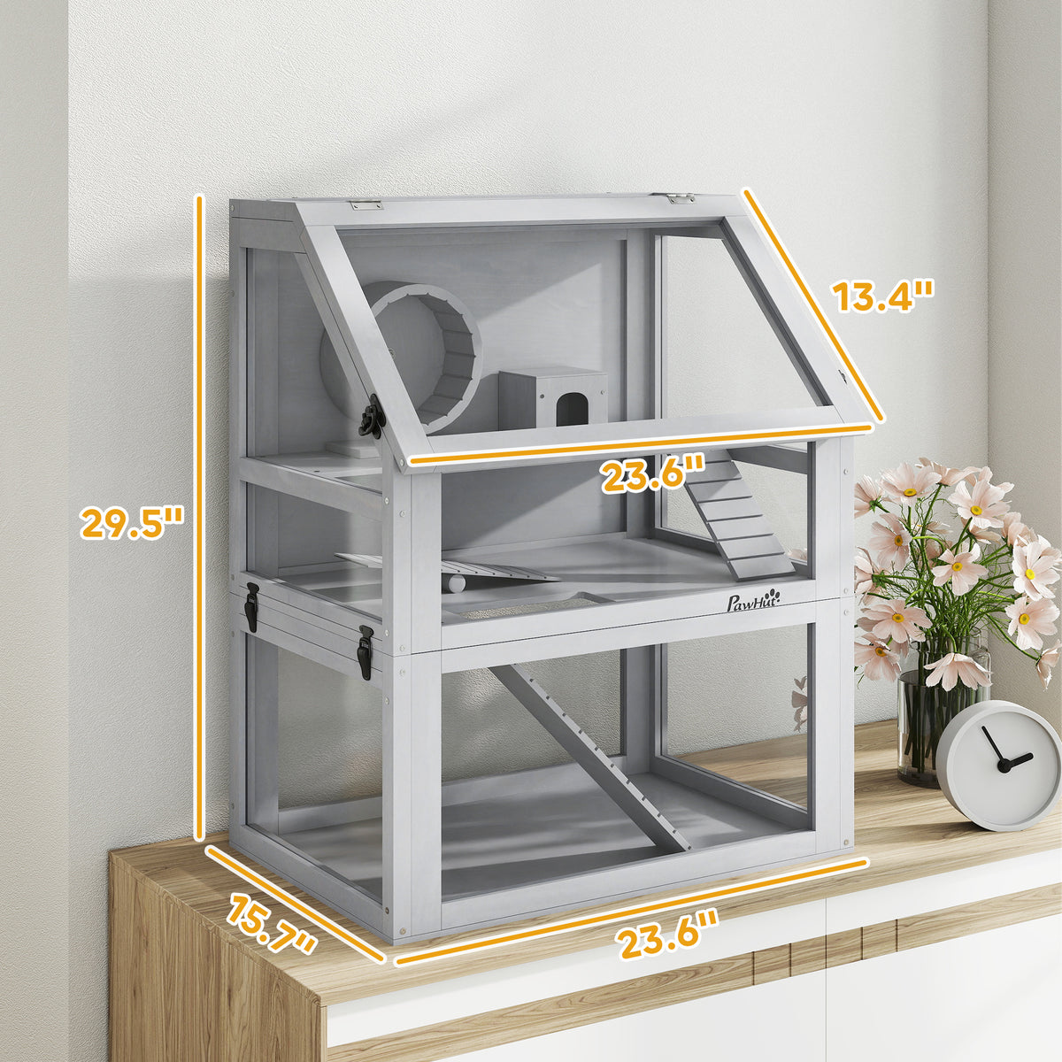 3 Tier Wooden Hamster Cage w/ Detachable Bottom, Hut, Seesaw, Exercise Wheel, Ramps, 24" x 16" x 29.5"