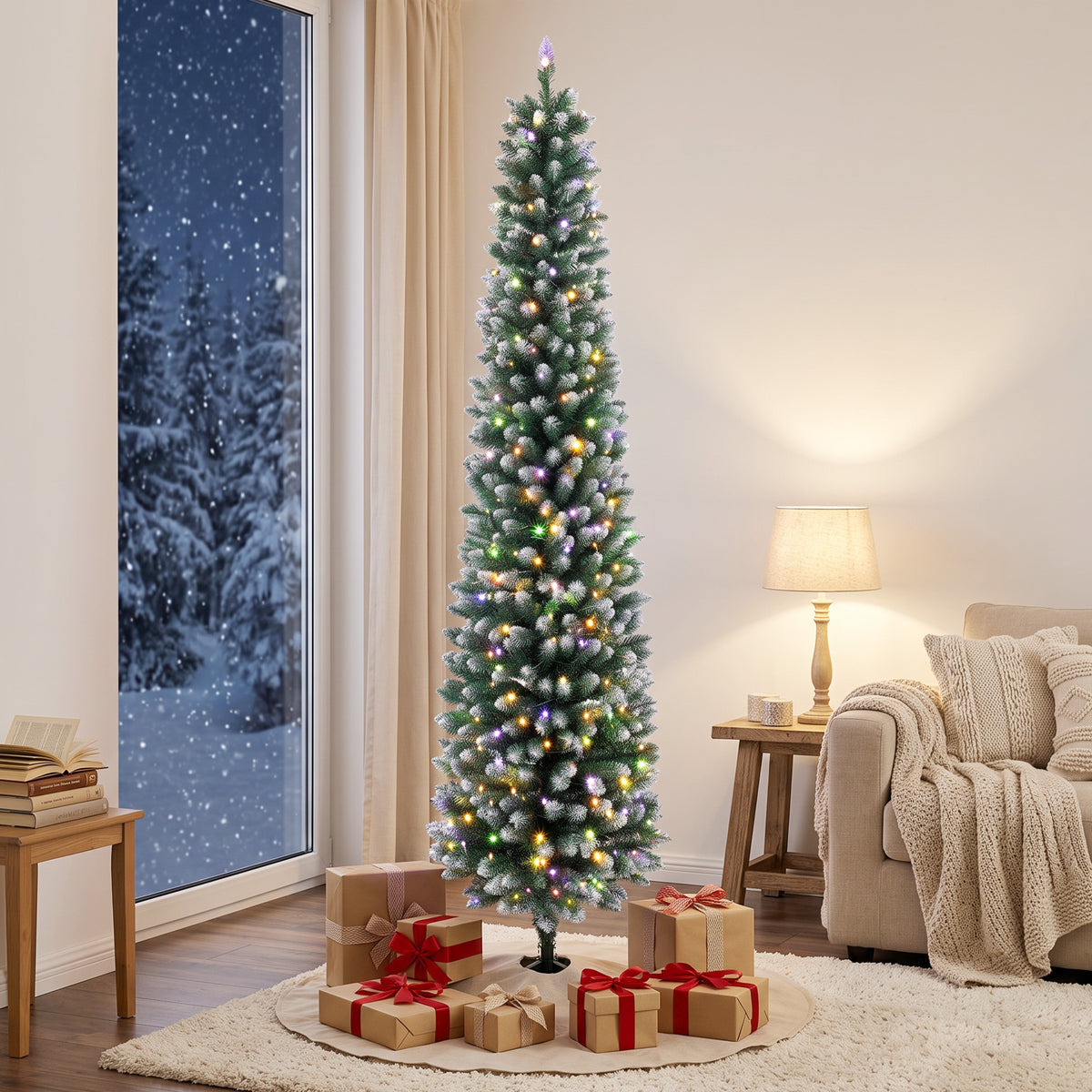 6ft Pencil Prelit Christmas Tree, Dual Color LEDs, Flocked, Remote, Slim Xmas Tree with 11 Modes, Green White