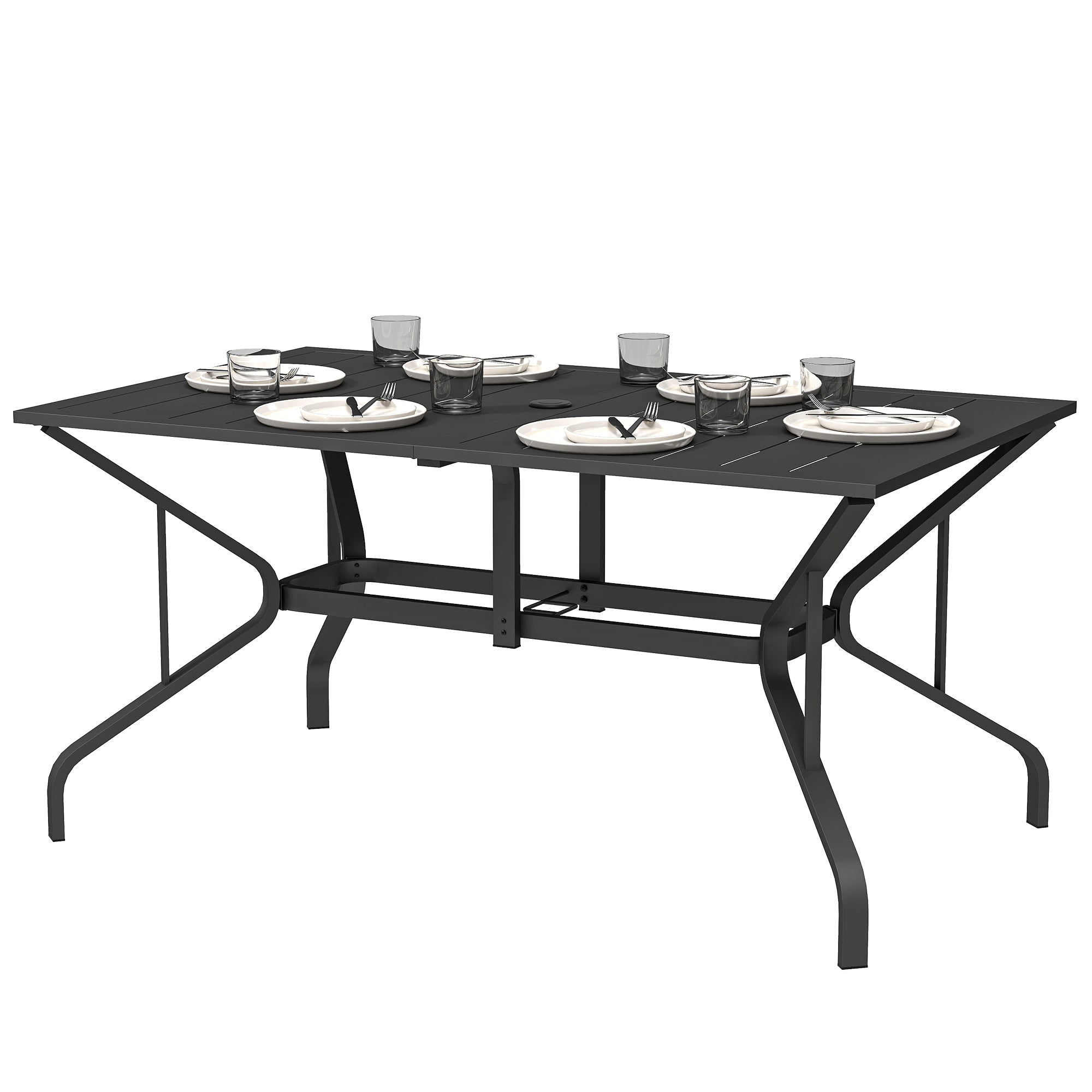 Rectangular Patio Table with Umbrella Hole, Steel Rectangle Outdoor Dining Table for 6 People for Garden, Black