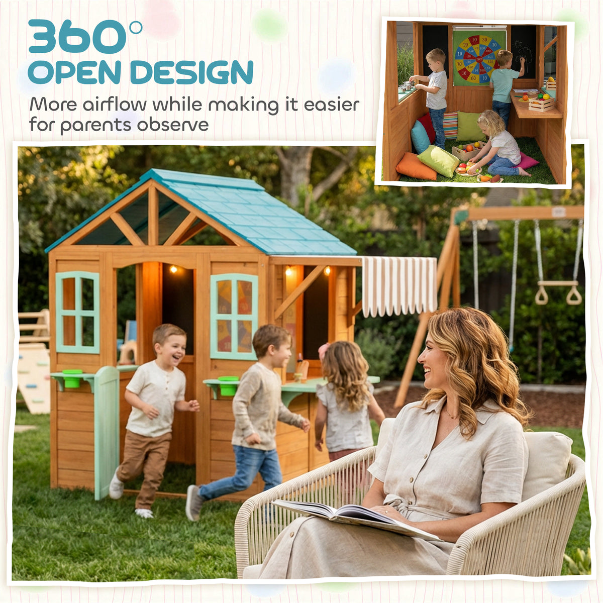 Outdoor Playhouse with Snack Bar, Half Door, Windows, Flowerpot Holders, Chalkboard, Tossing Game