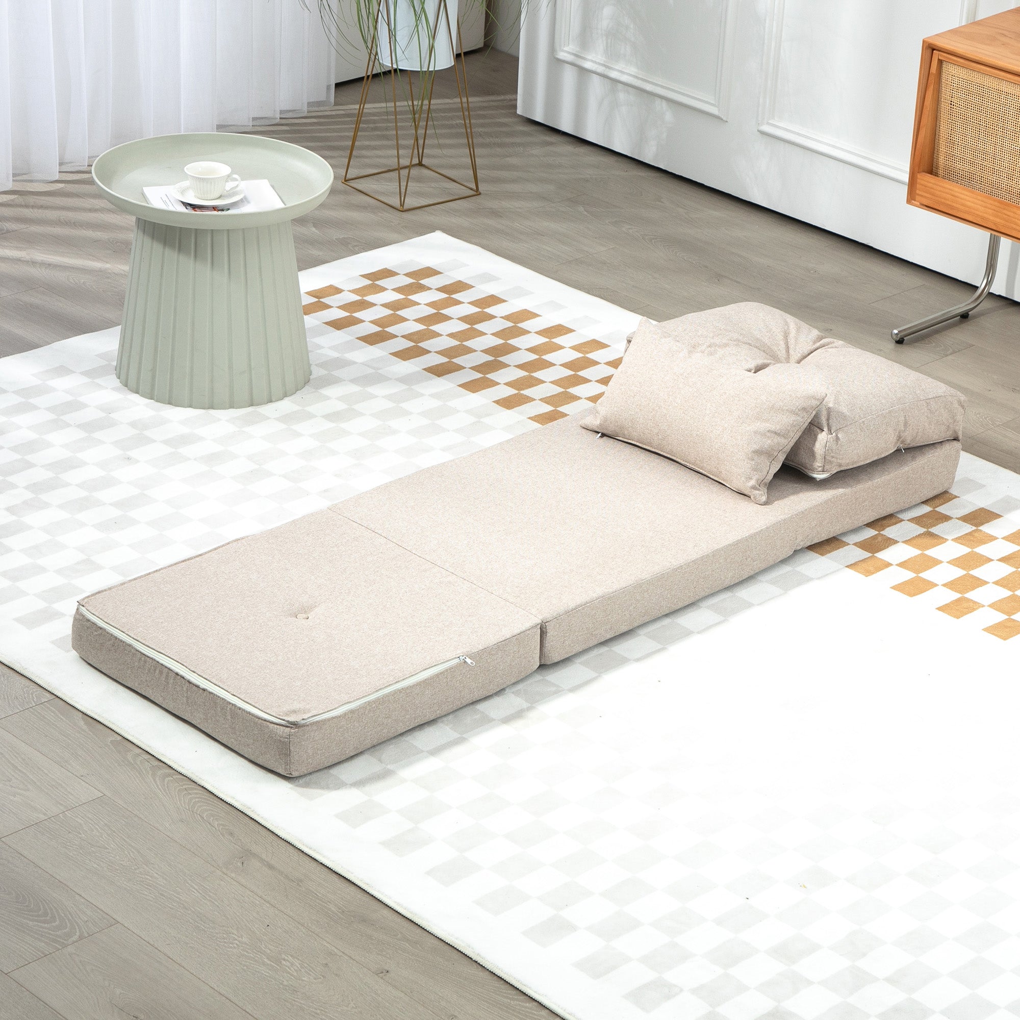 Floor Chair, Convertible Floor Sofa Bed, Folding Upholstered Couch Bed with Adjustable Backrest, Beige