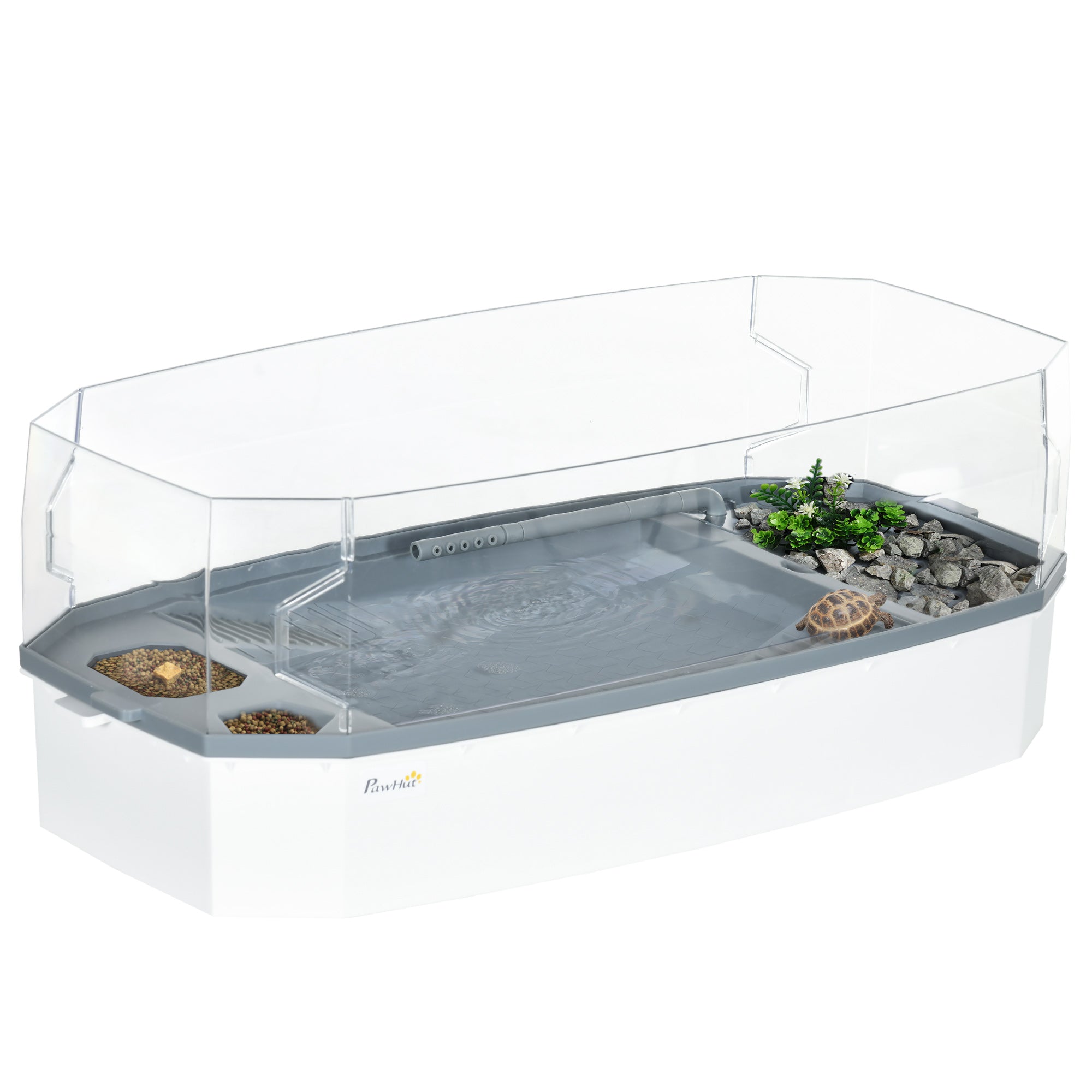 Turtle Tank Kit, Turtle Aquarium with Basking Platform, Water Pump, Filter Layer Design, Full View Visually Reptile Habitat, Easy to Clean and Change Water, Multi Functional Area - White