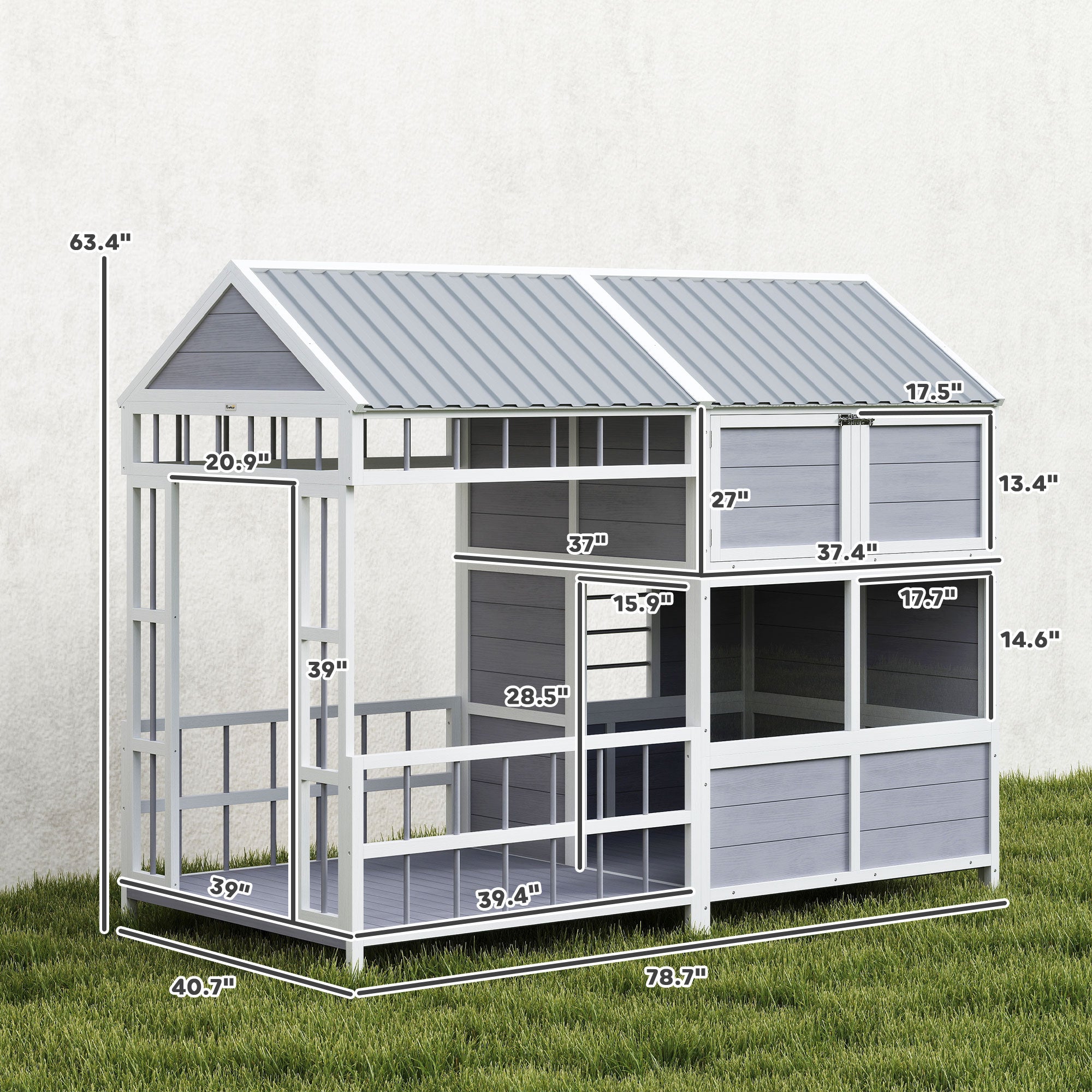 79"L Large Dog House Outdoor, Wooden Dog Kennel with Porch, Storage Cabinet,Weatherproof Roof, Windows - Gray - Image 3