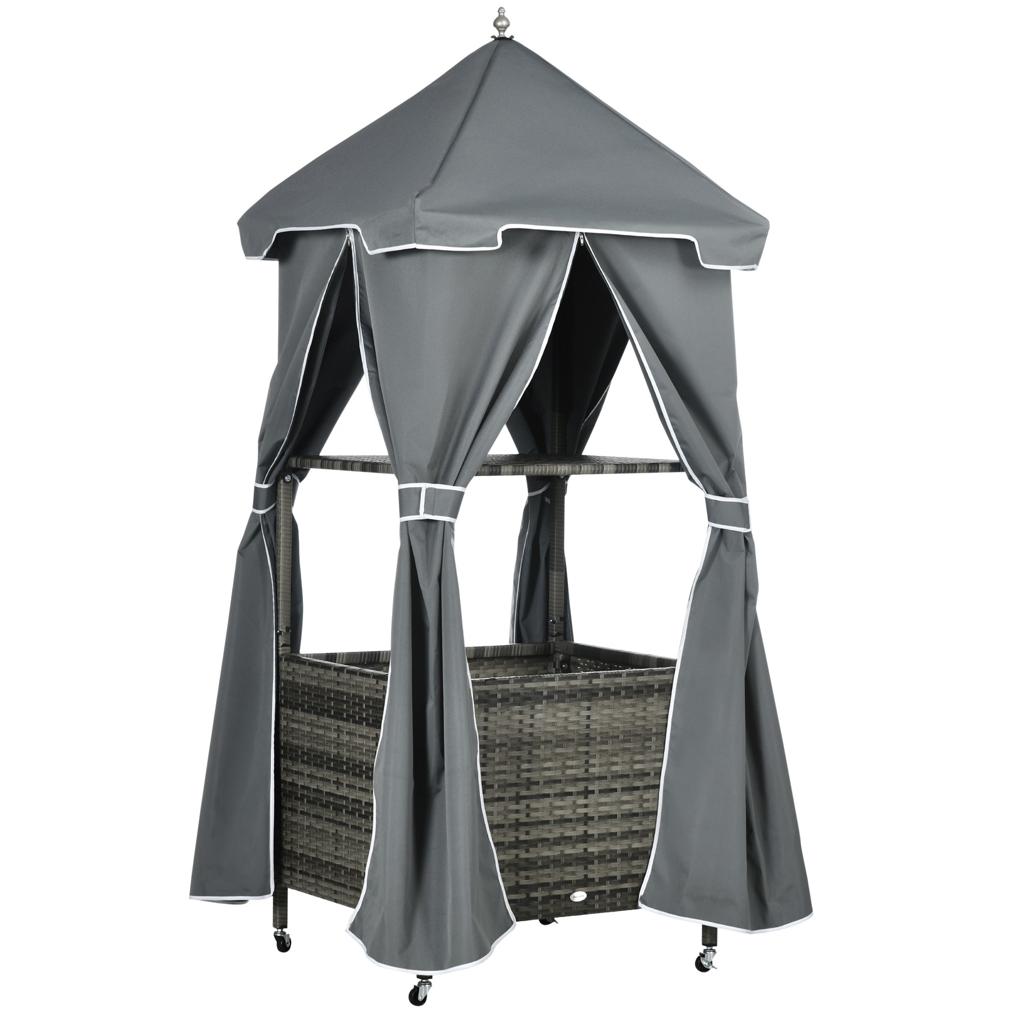 Outdoor Towel Valet Caddy, Covered Poolside Towel Holder Rack, Shelf, Basket, Rolling PE Rattan Wicker Storage on Wheels, Gray - Gray