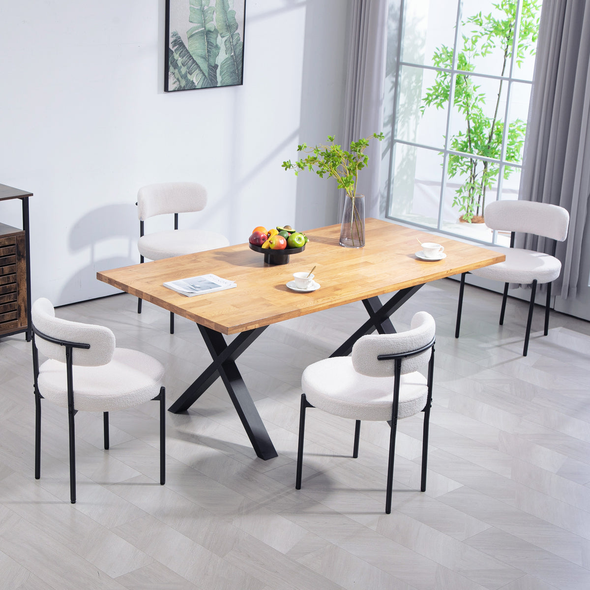 Round Modern Upholstered Kitchen Chairs, Boucle Dining Chairs Set of 4 with Curved Backrest and Thick Cushion, White