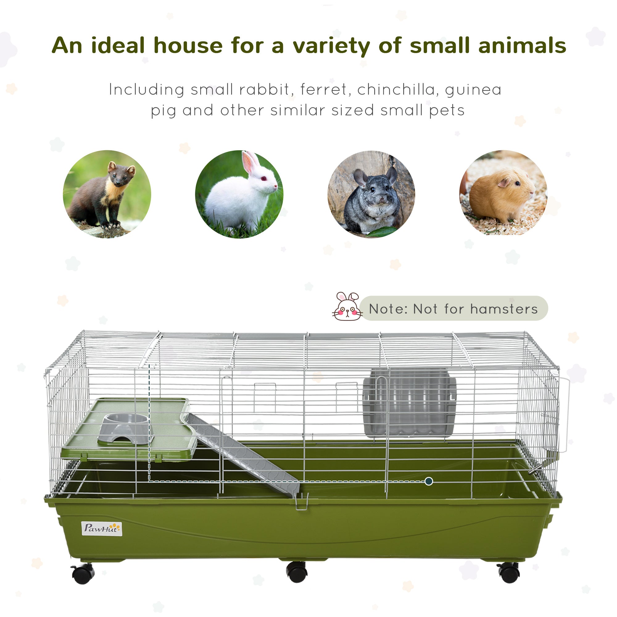 47" Small Animal Cage Chinchilla Guinea Pig Hutch Pet House with Platform Ramp, Food Dish, Wheels, & Water Bottle - Green - Image 4