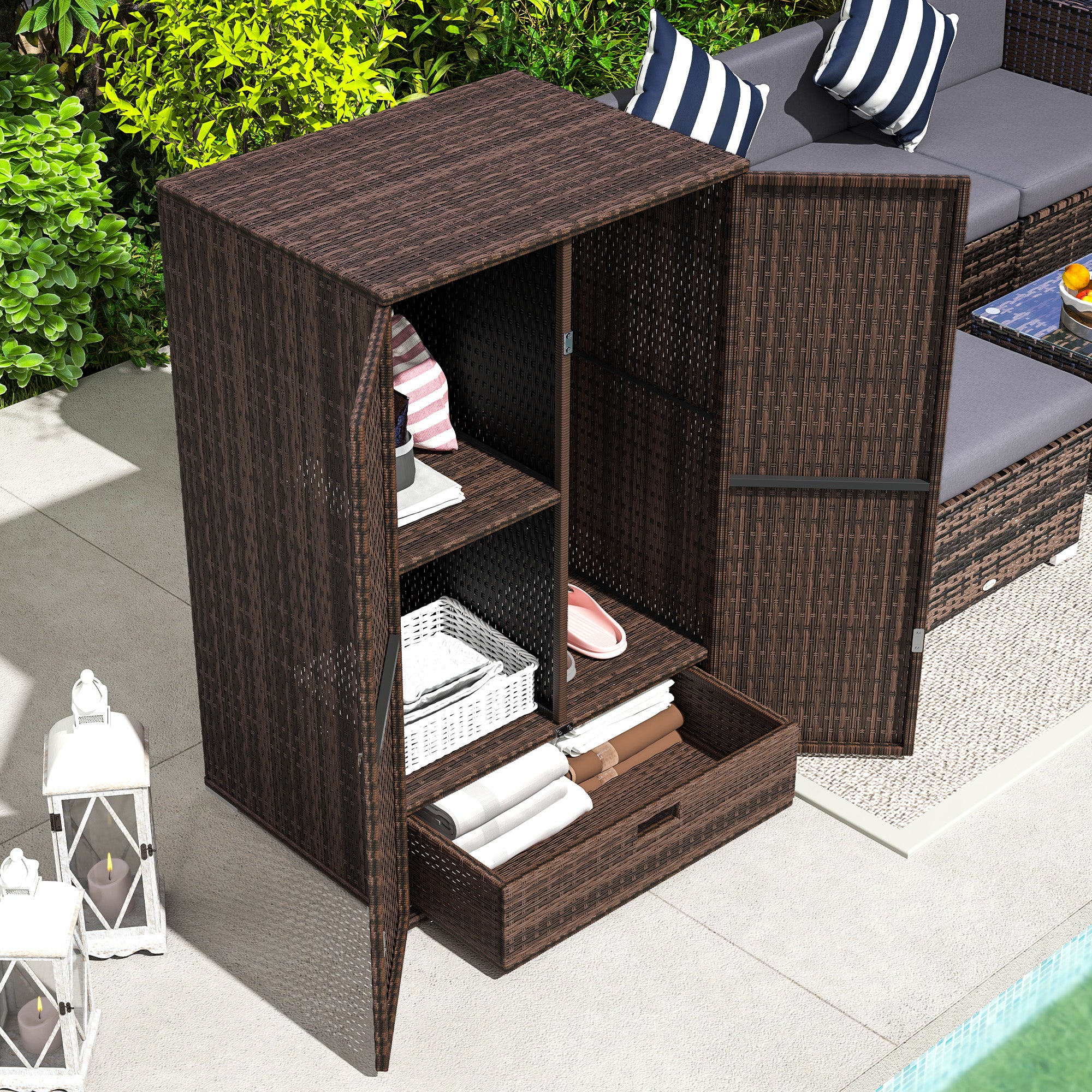 Outdoor Storage Cabinet with Shelves, Rattan Pool Towel Storage Cabinet with Removable Shelf & Drawer, Mixed Brown - Brown - Image 7