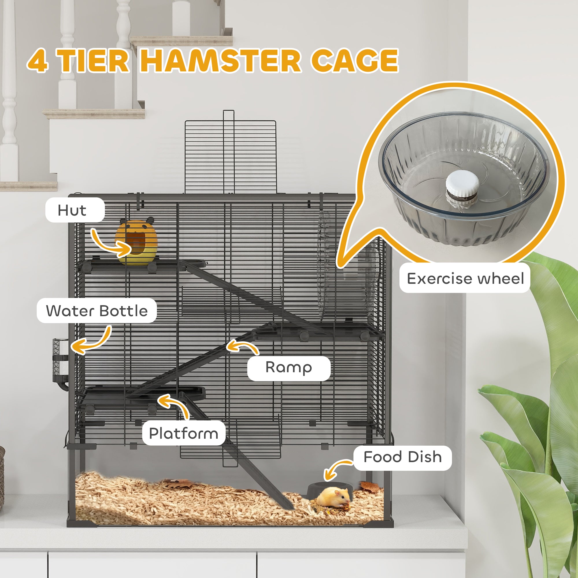 4 Tier Hamster Cage with Deep Tempered Glass Bottom, Running Wheel, Hut, Water Bottle, Food Dish, 31" x 19" x 31.5" - Black - Image 5
