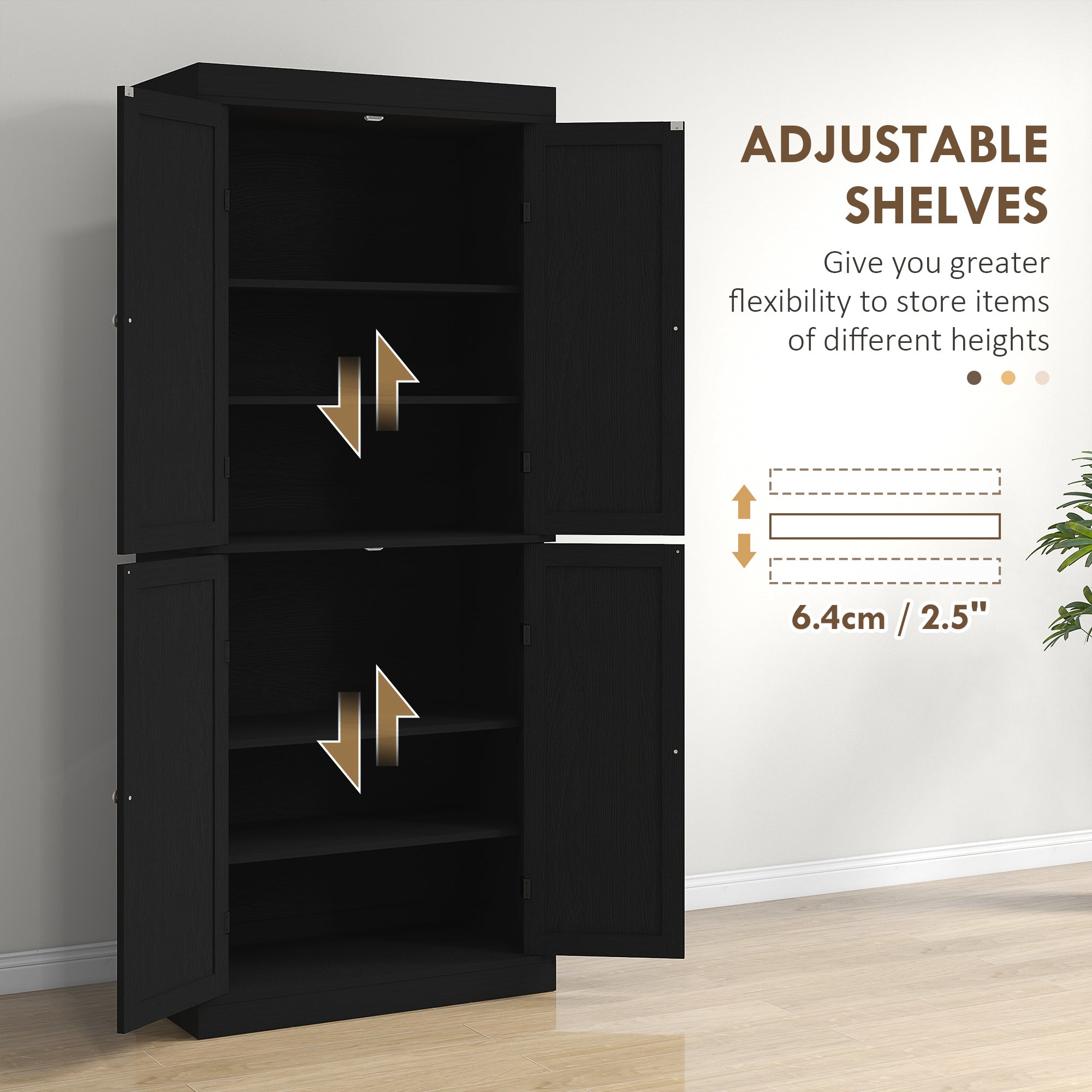 72" Kitchen Cabinet, Pantry Storage Cabinet with Doors and Shelves, Freestanding Food Pantry Cabinet, Black Wood Grain