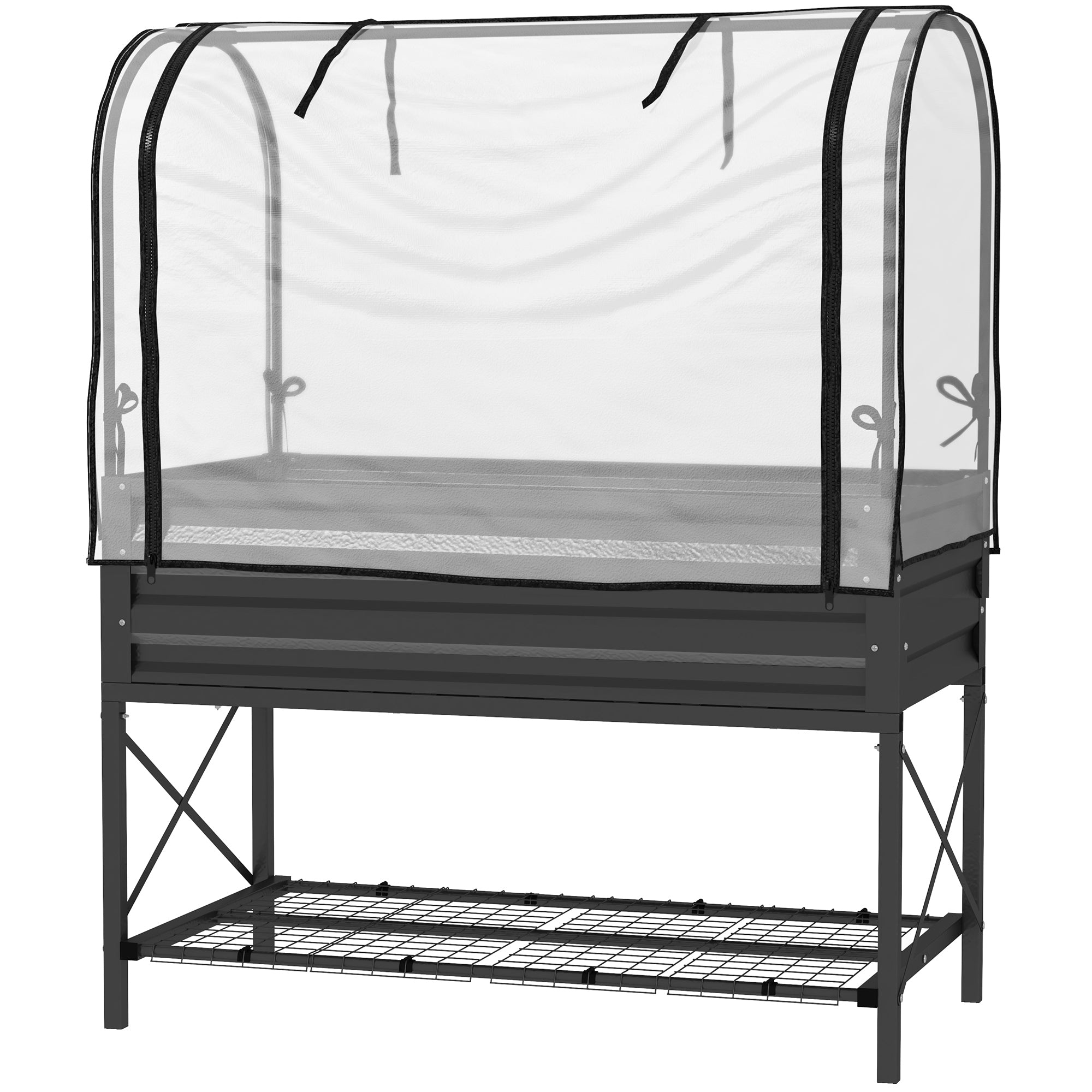 Raised Garden Bed with Legs and Cover, Metal Elevated Planter Box with Bottom Shelf and Liner for Vegetables, Black - Black