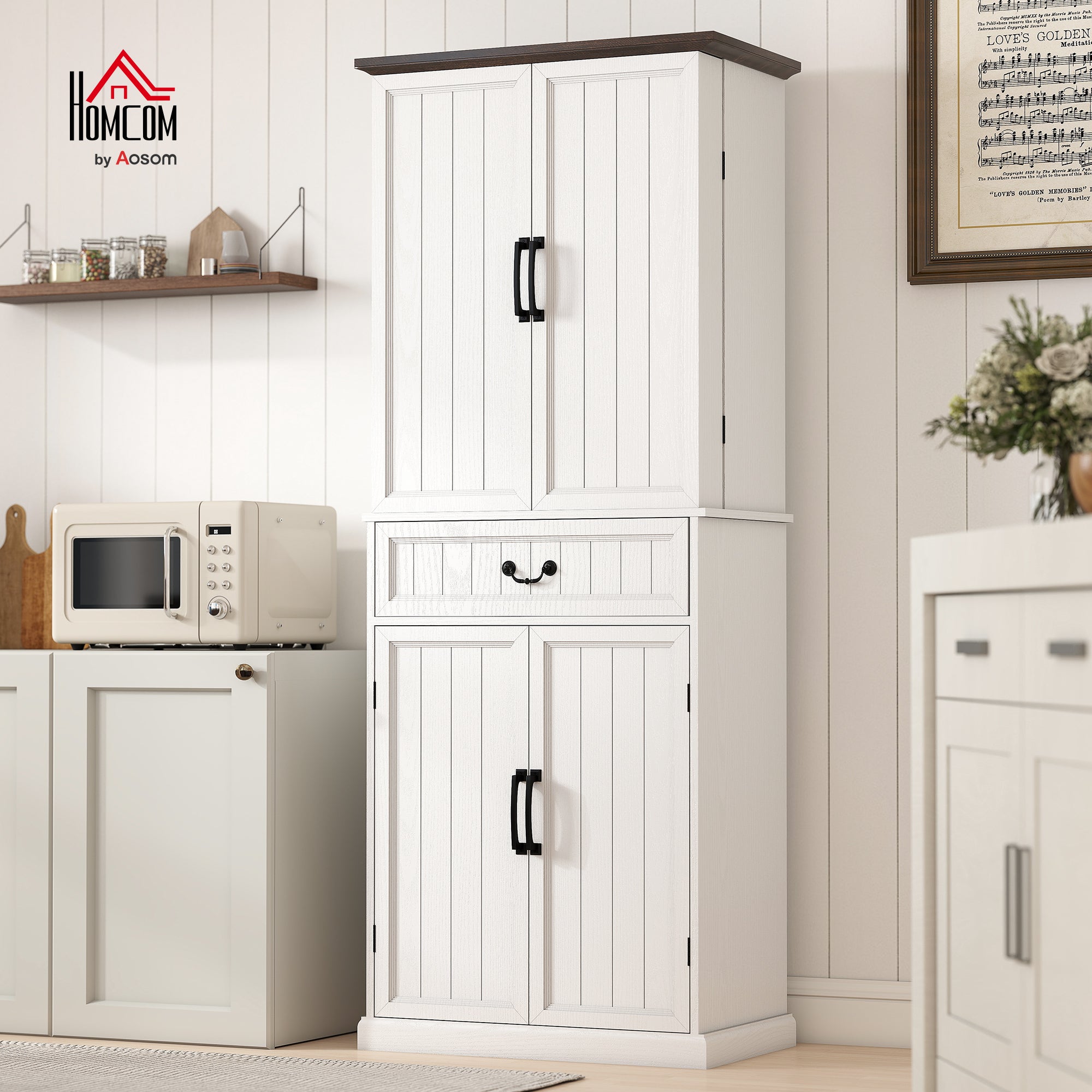 71" LED Kitchen Pantry Cabinet, Farmhouse Storage Cabinet with Door Shelves, Distressed White