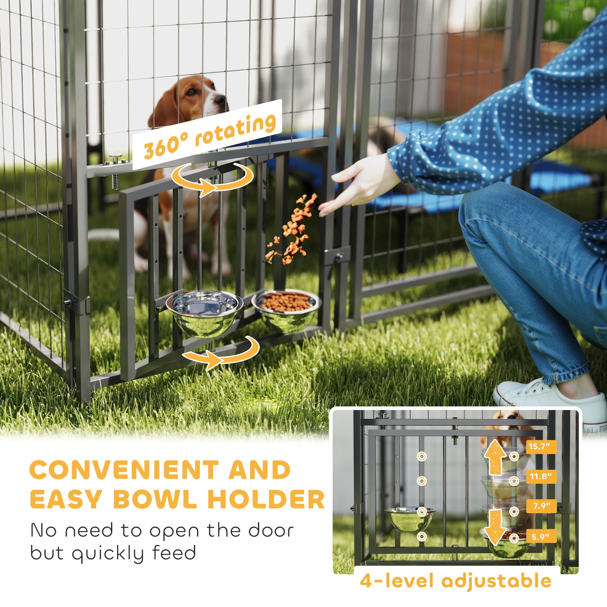 5.9' x 5.9' x 6' Outdoor Dog Kennel with Roof, Rotating & 4-Level Adjustable Bowls - Silver - Image 6