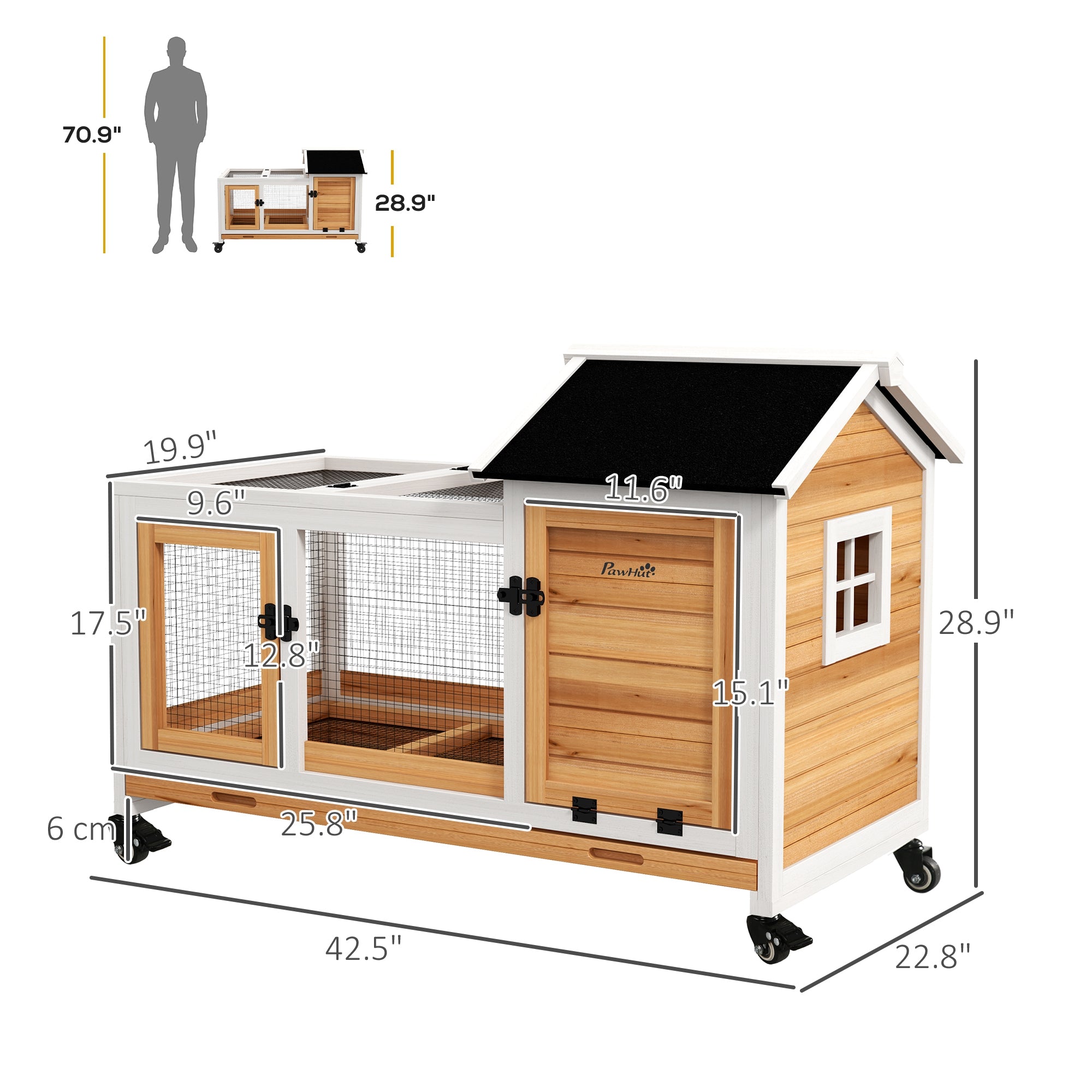 Wooden Rabbit Hutch with Wheels, Run, Slide-out Tray for Small Animals, Guinea Pig, Yellow - Yellow - Image 3