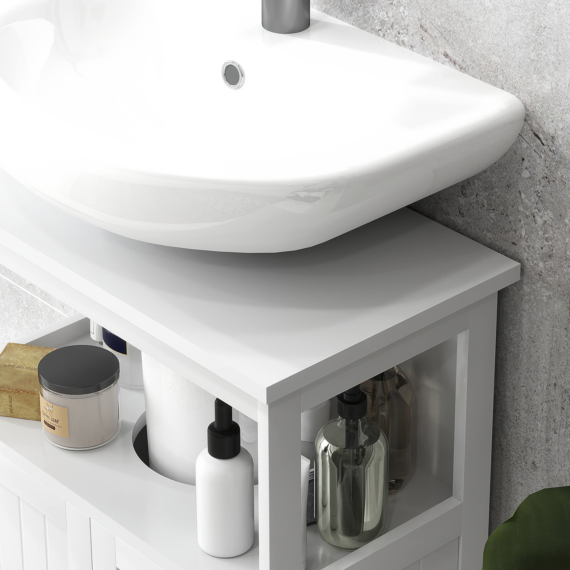 Pedestal Sink Storage Cabinet, Bathroom Under Sink Cabinet with 2 Doors and Open Shelf, Bathroom Vanity, White