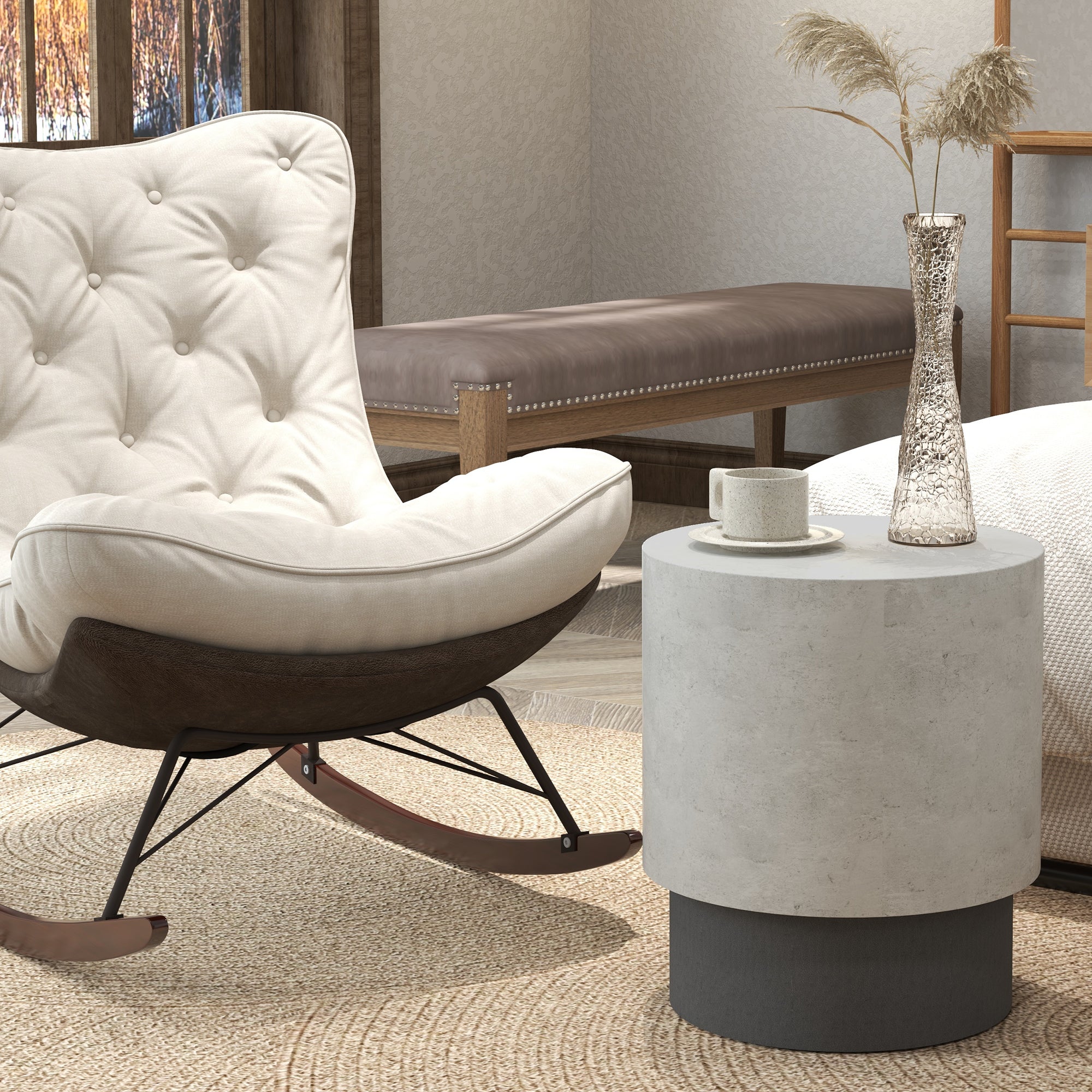 Lightweight Accent Table with Concrete Finish, Round Side Table with 4 Adjustable Feet for Indoor, Outdoor, Gray