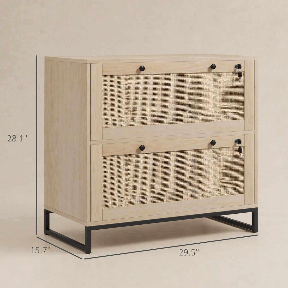 Lockable Filing Cabinet, Boho 2 Drawer File Cabinet with Adjustable Hanging Bar for Letter, A4 and Legal Size, Natural