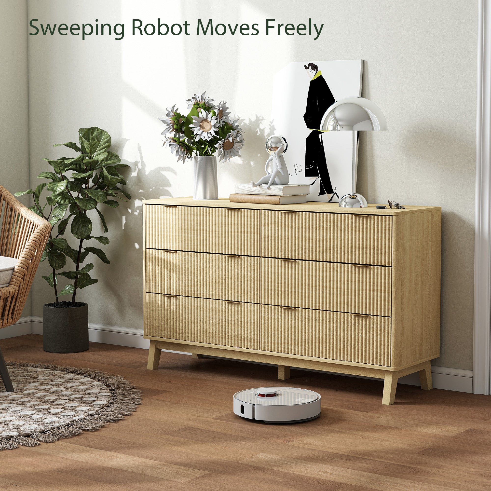 6 Drawer Double Dresser for Bedroom, Fluted Chest of Drawers with Gold Finger Pulls and 5 Wood Legs, Natural Wood