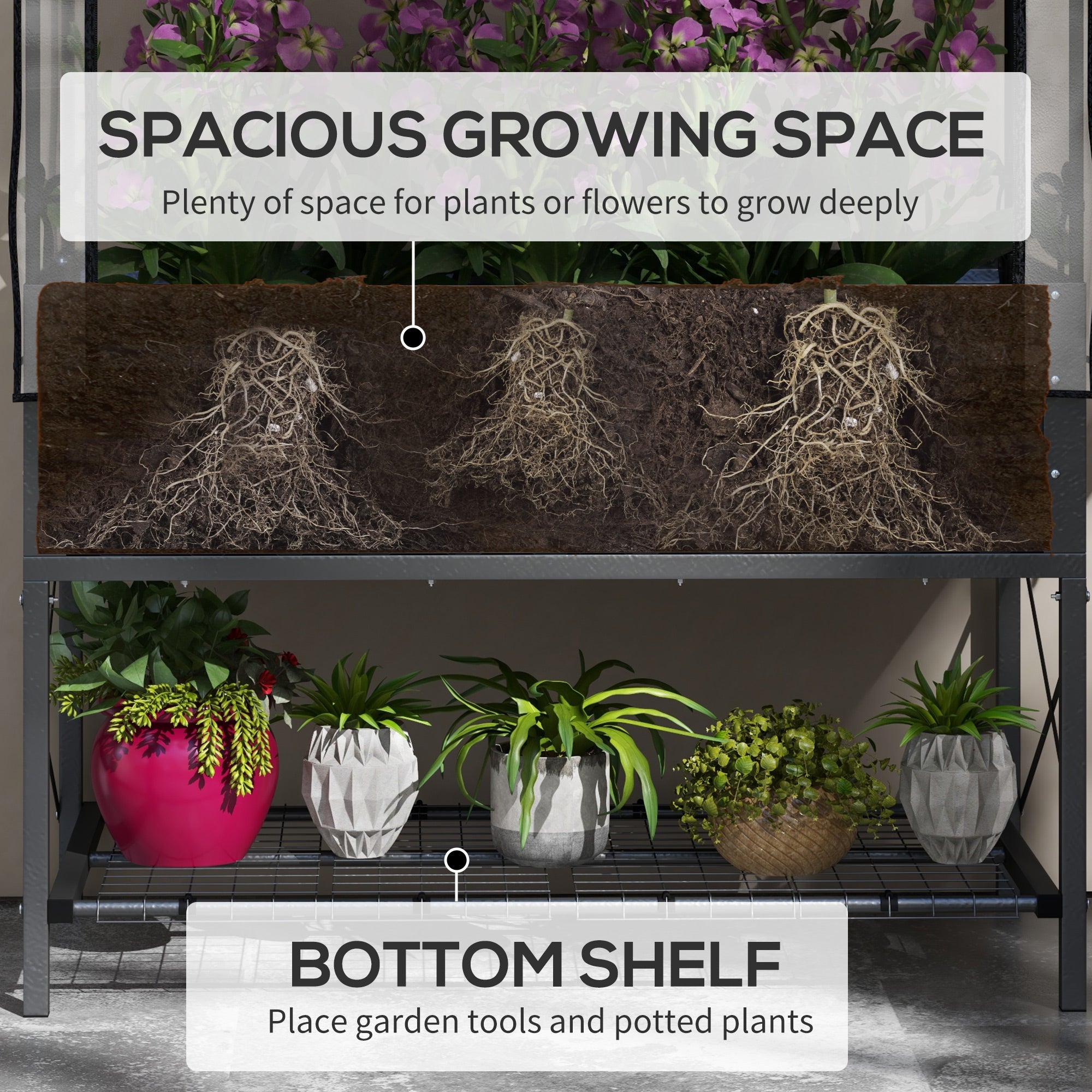 Raised Garden Bed with Legs and Cover, Metal Elevated Planter Box with Bottom Shelf and Liner for Vegetables, Black - Black - Image 5