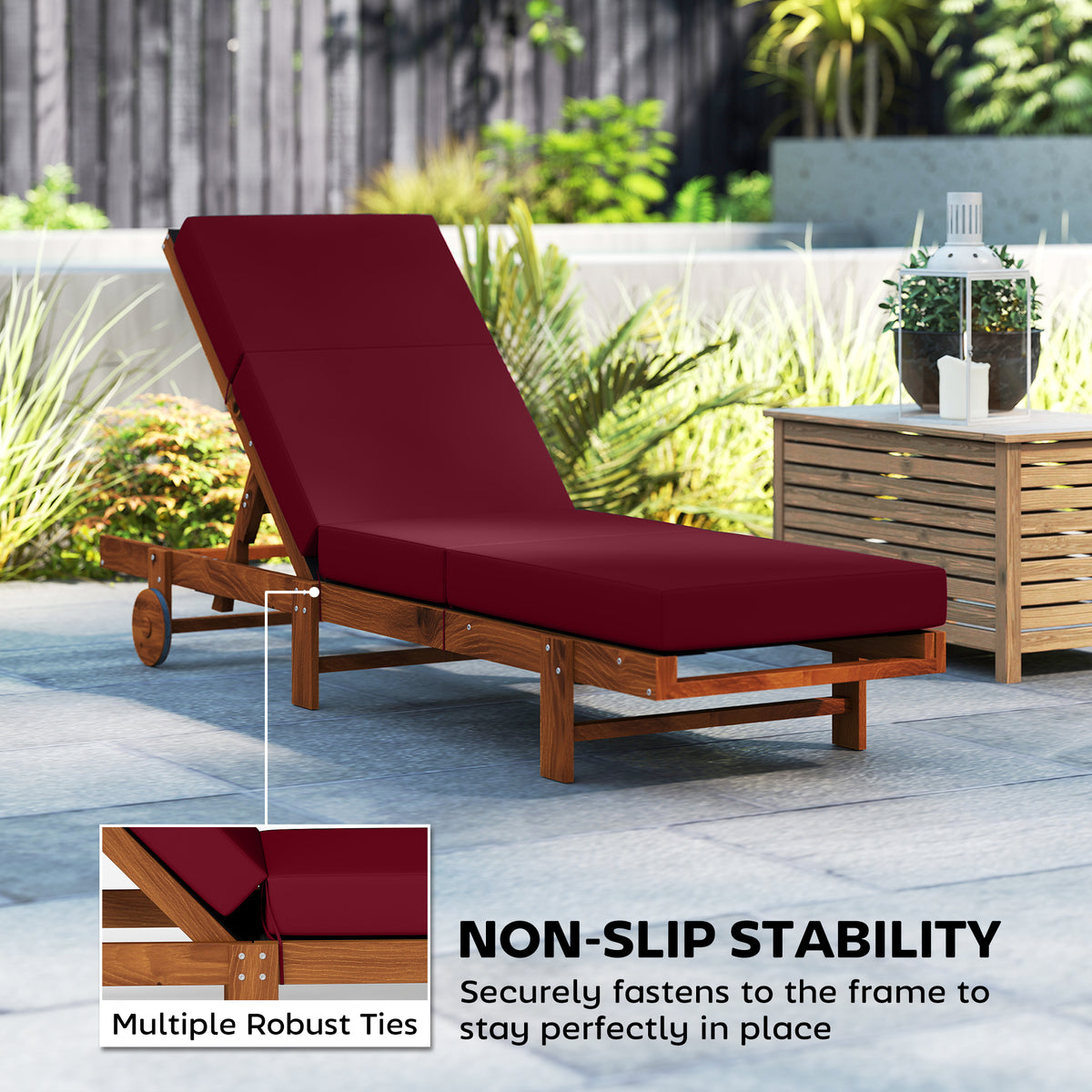Chaise Lounge Cushion, 4" Thick Outdoor Lounge Chair Cushion with Ties for Patio, 21" x 72", Red