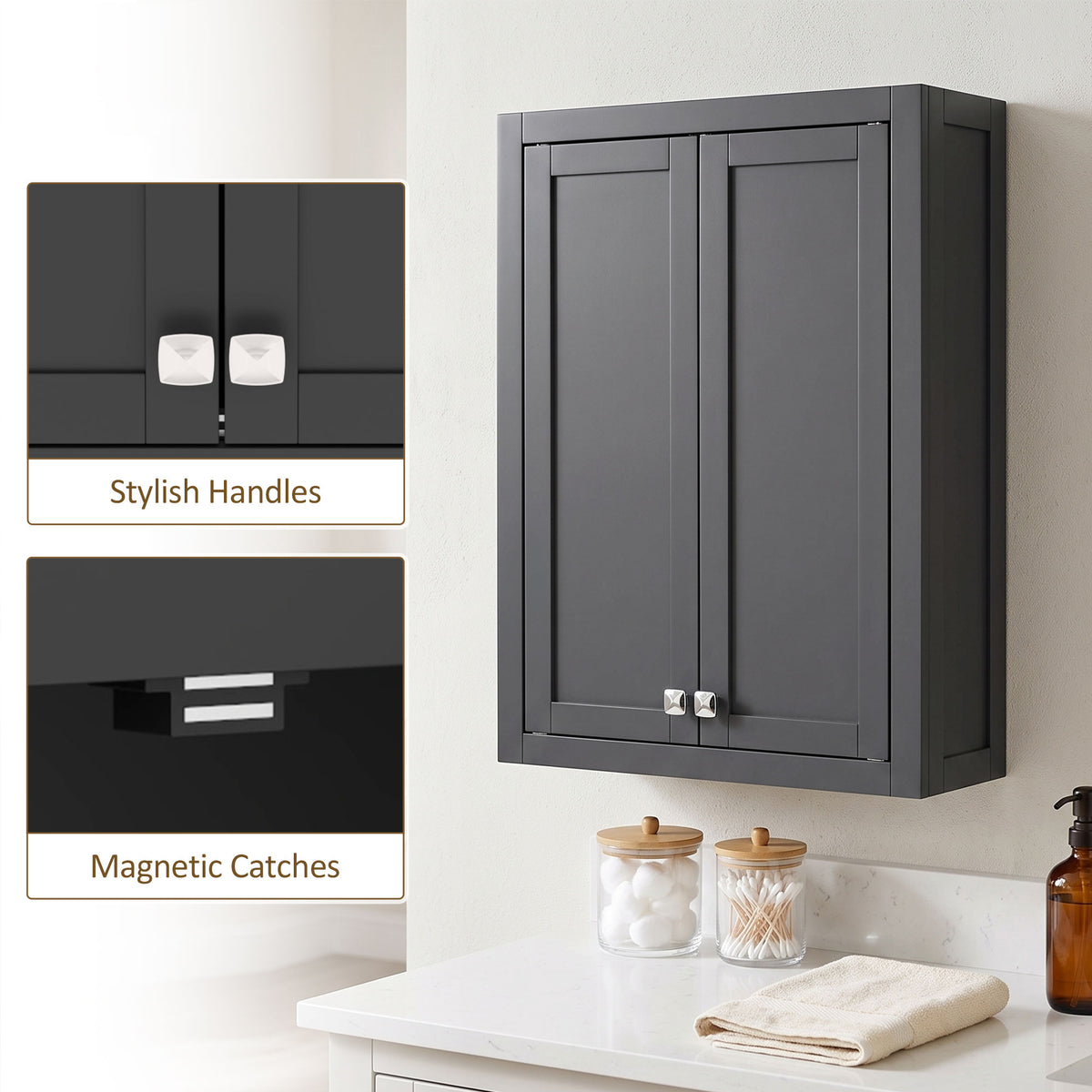 Bathroom Cabinet Wall Mounted, Modern Bathroom Wall Cabinet with 2 Doors and 2 Adjustable Shelves, Black