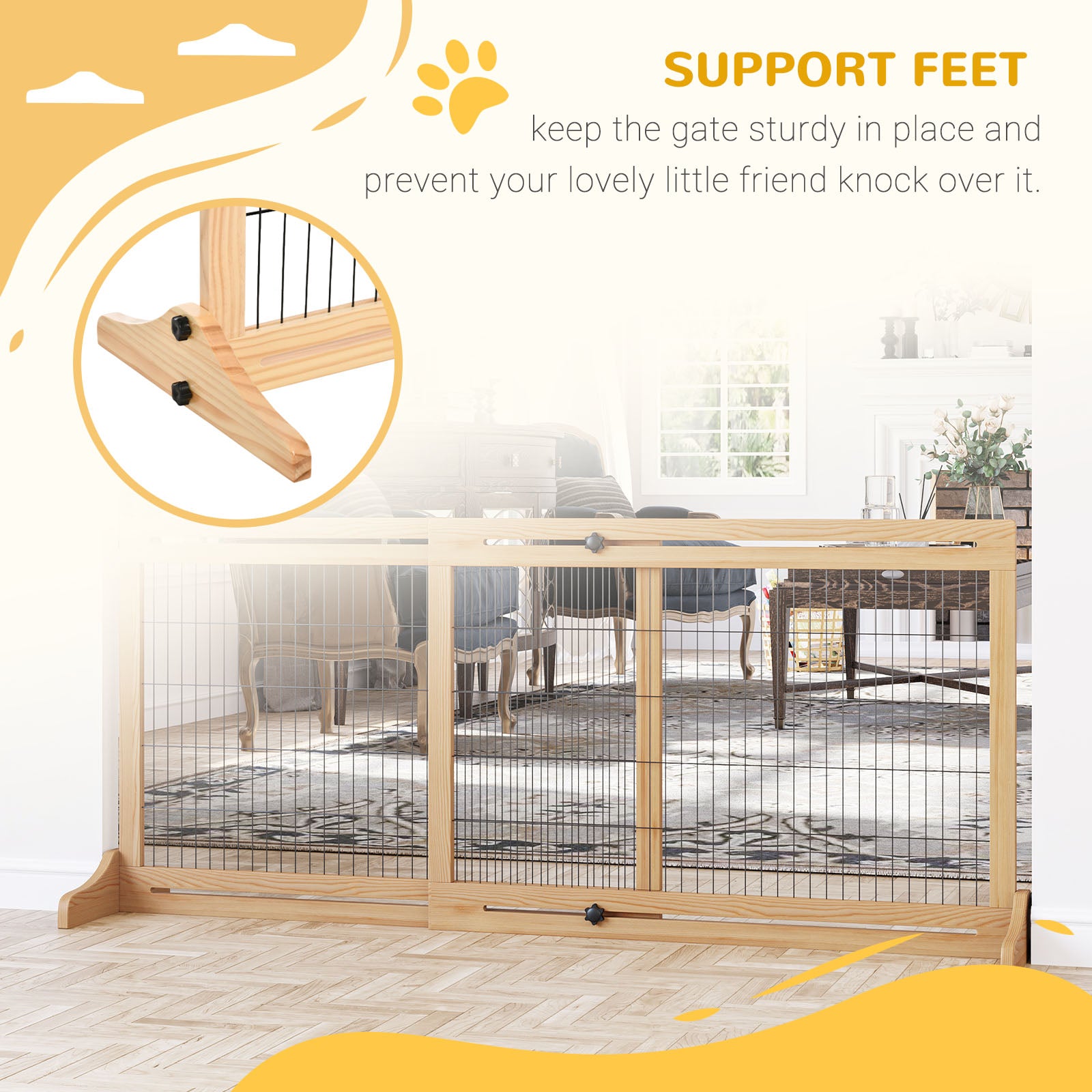 71" W x 27" H Extra Wide Freestanding Pet Gate with Adjustable Length Dog, Cat, Barrier for House, Doorway, Hallway, Natural - Natural Wood - Image 5