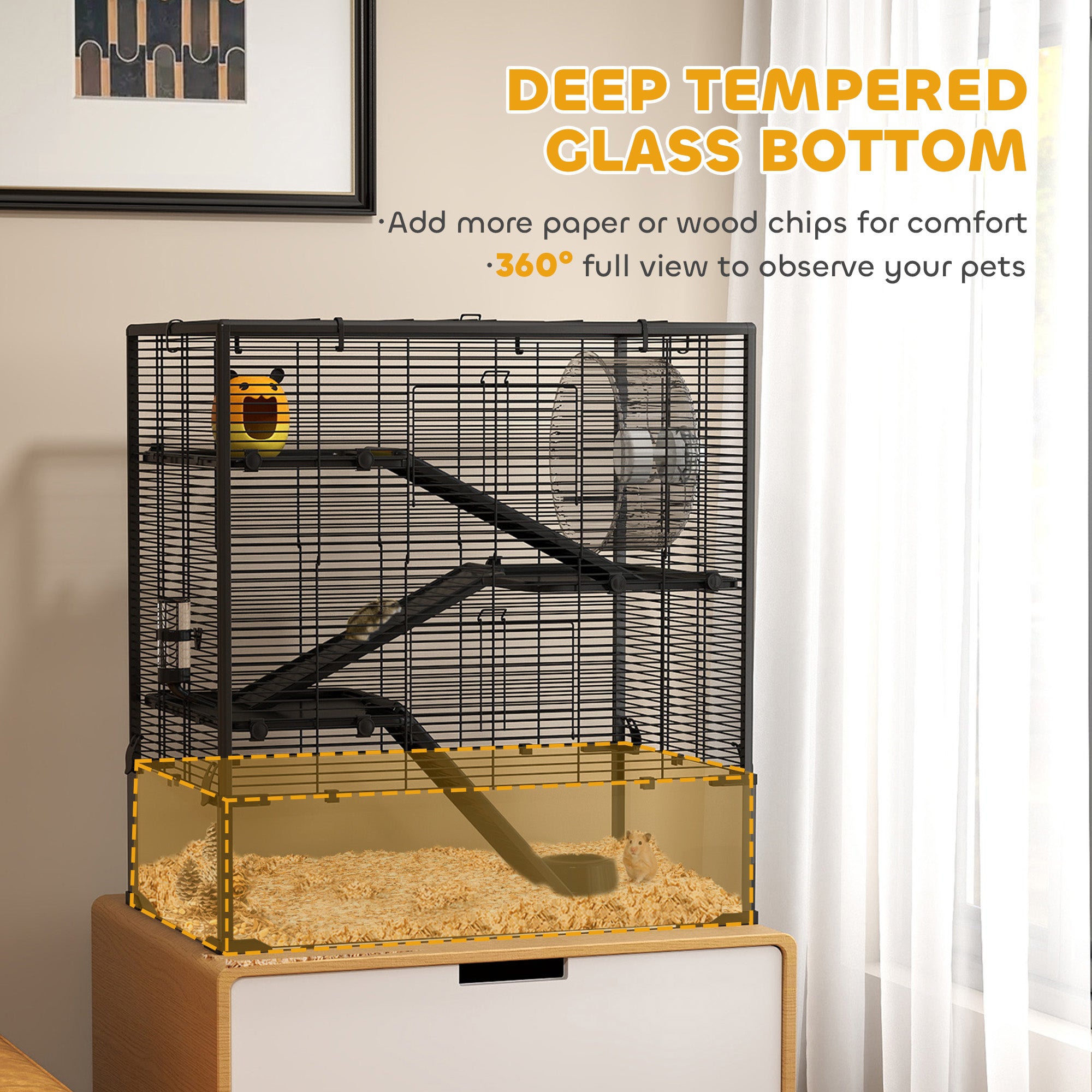 4 Tier Hamster Cage with Deep Tempered Glass Bottom, Running Wheel, Hut, Water Bottle, Food Dish, 31" x 19" x 31.5" - Black - Image 4