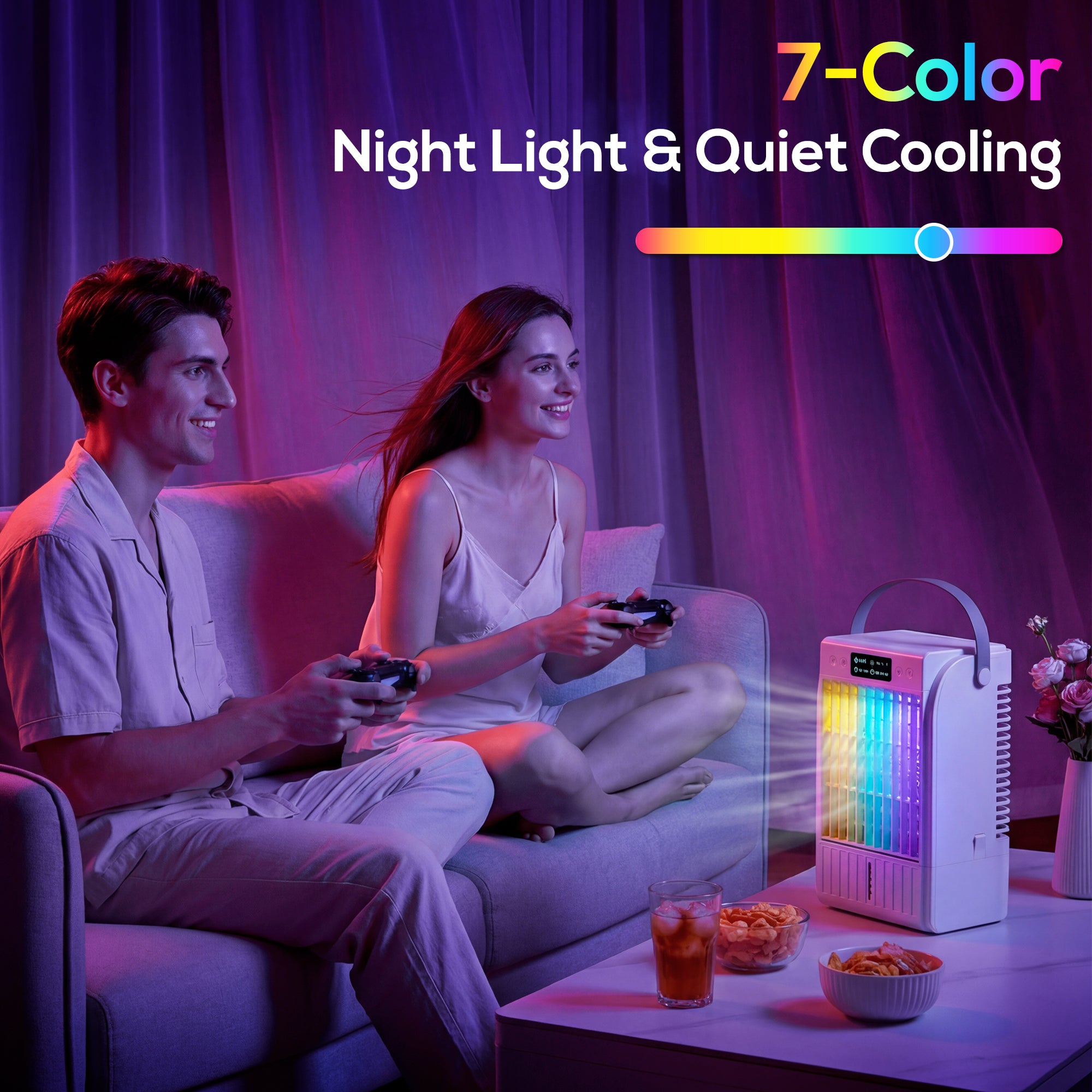 Portable Air Conditioner, 4-in-1 Mini Air Cooler with 4 Wind Speed, 2 Mist Mode, RGB 7 LED Light