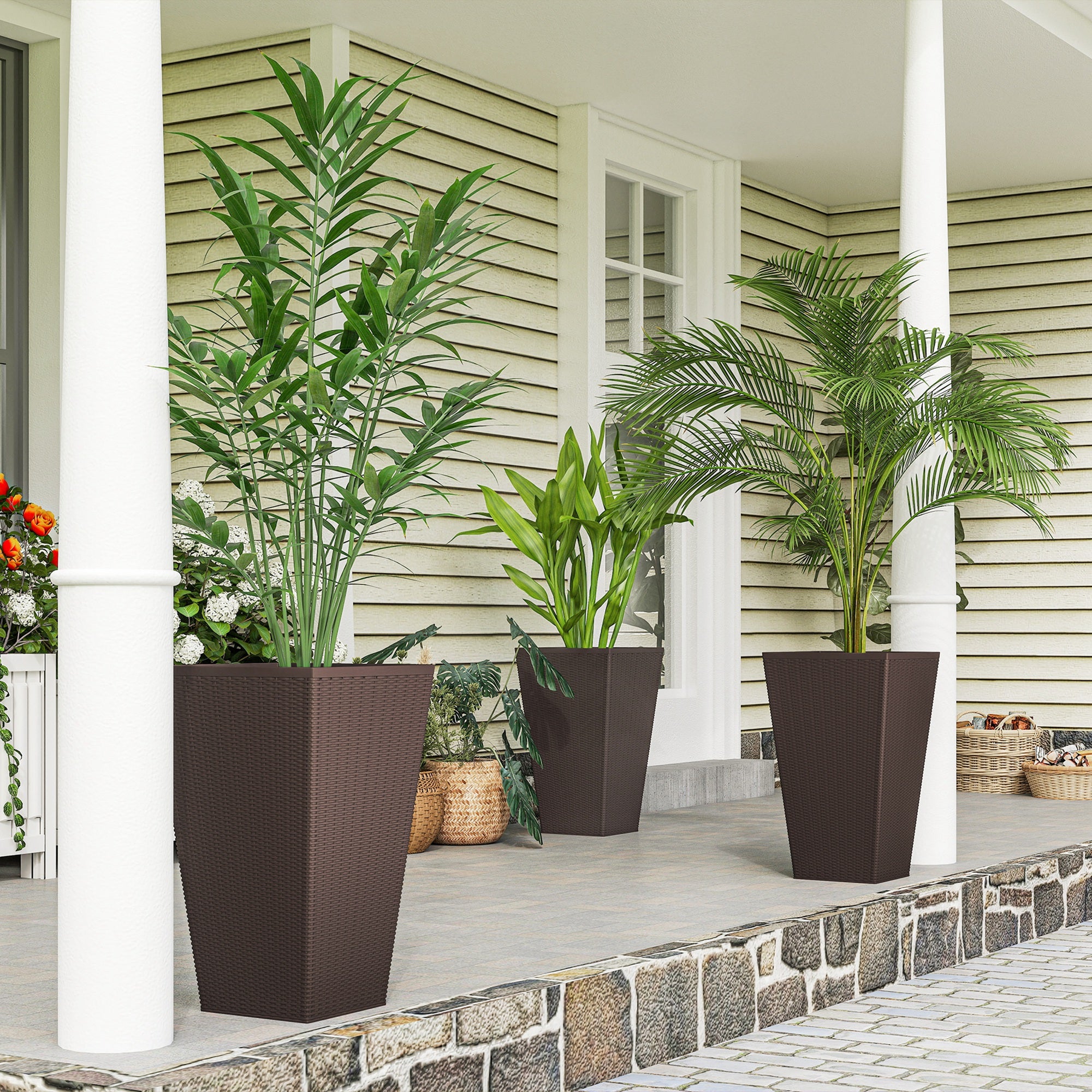 Set of 3 Tall Planters with Drainage Hole, 24" Outdoor Flower Plant Pots, Indoor Planters for Porch, Front Door, Entryway, Patio and Deck, Brown - Brown - Image 2