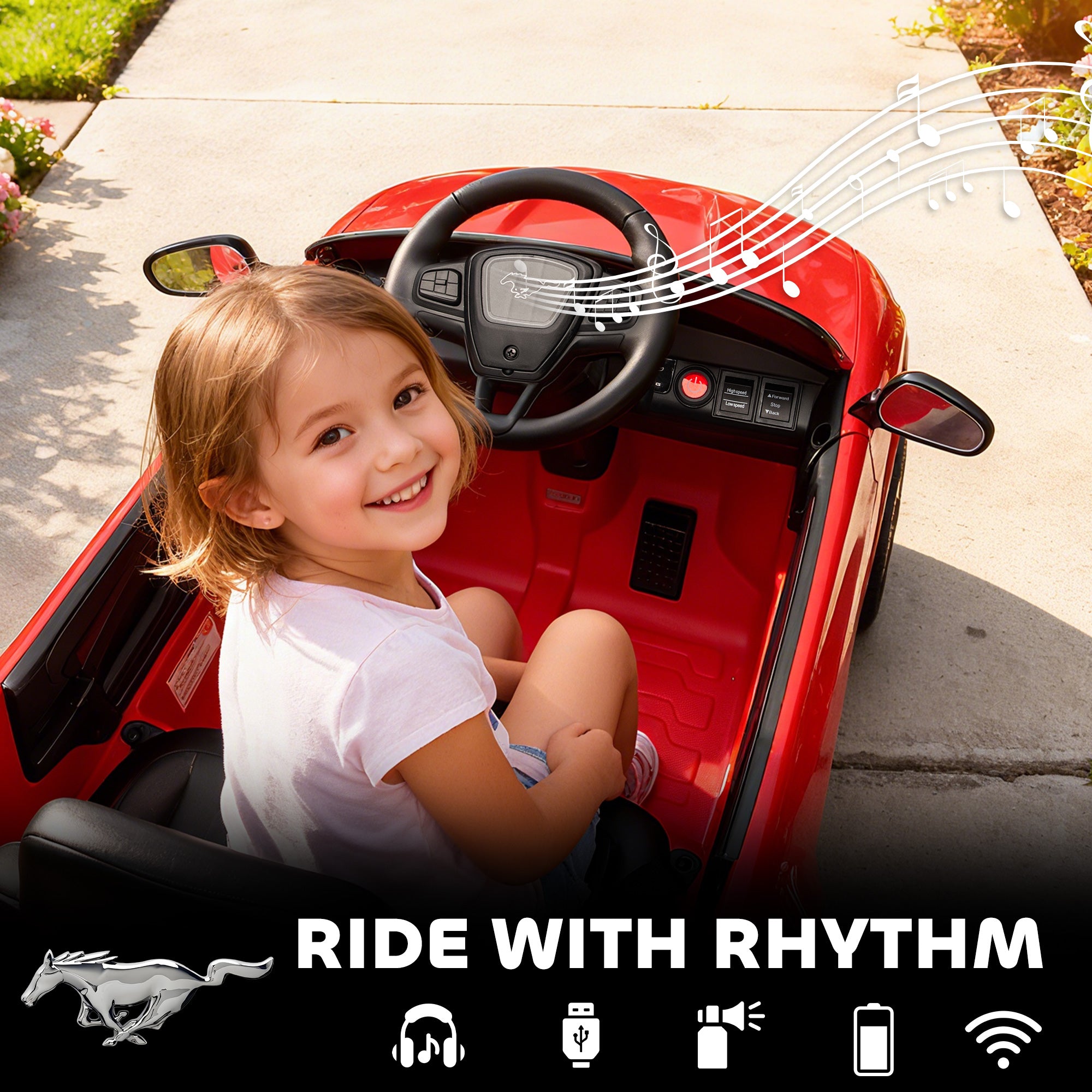 12V Kids Ride On Car, Licensed Ford Mustang Mach-E Electric Car with Remote Control, LED Light, Music, Red