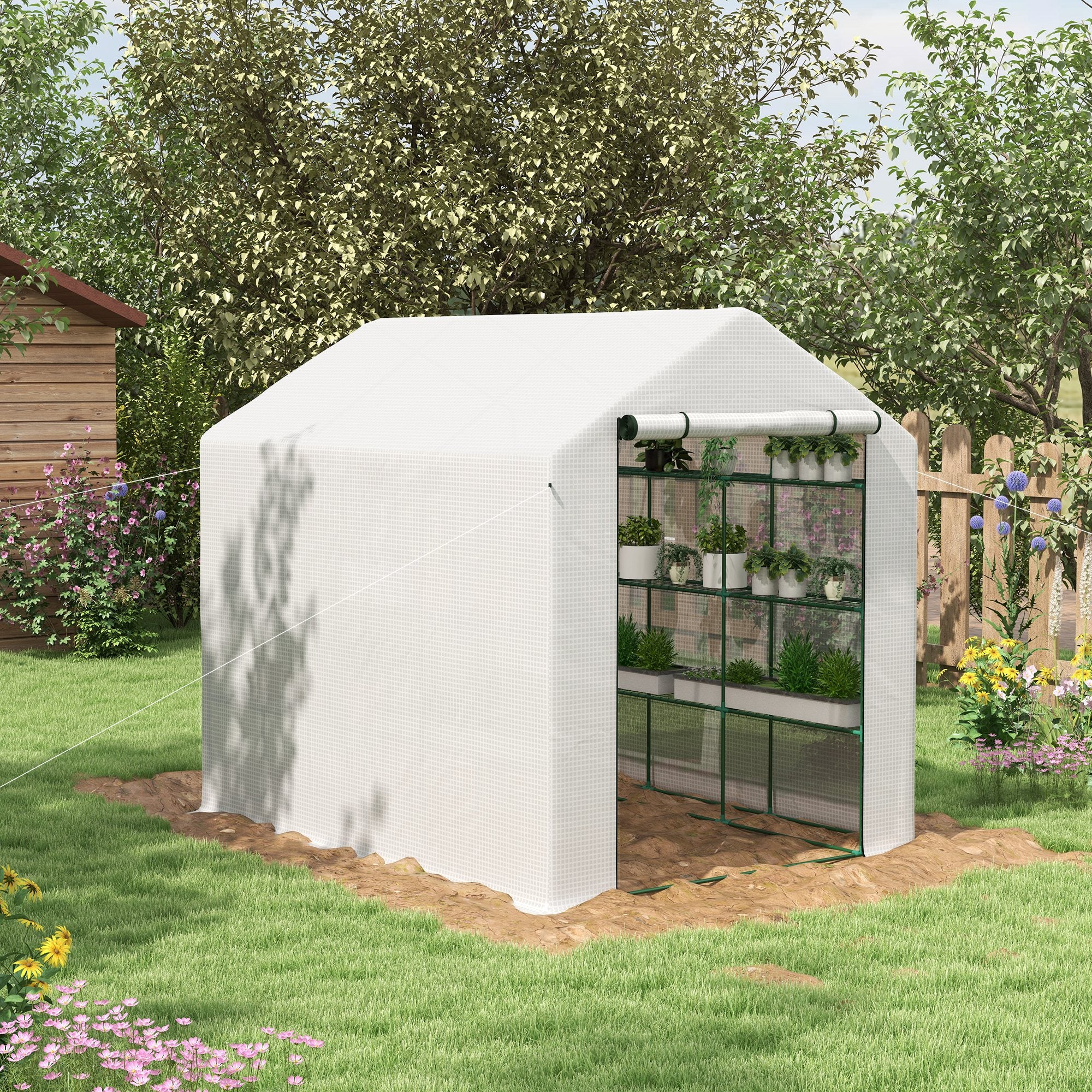Outdoor Walk-in Greenhouse with Roll-up Zipper Door, 18 Shelves, PE Cover, 95.25" x 70.75" x 82.75", White - White - Image 2