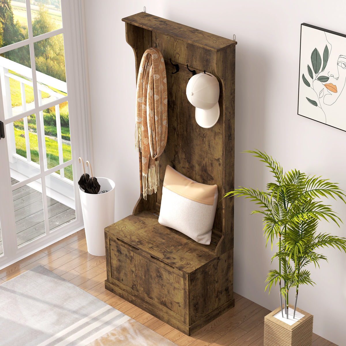 Hall Tree with Coat Rack, Storage, and Sitting Bench, Rustic Brown