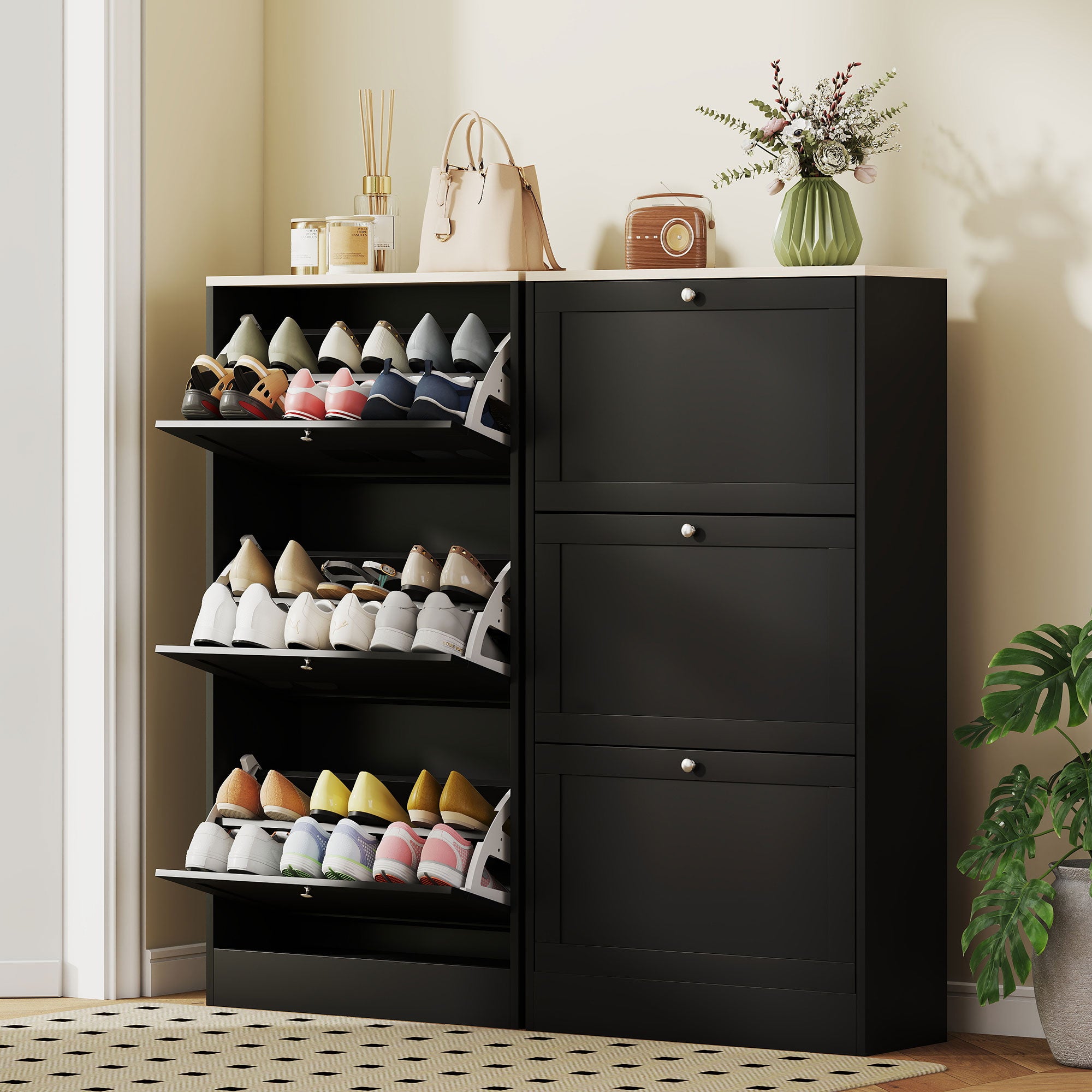 Modern Shoe Storage Cabinet with 3 Flip Drawers and Adjustable Shelves for 12-18 Pairs of Shoes, Black