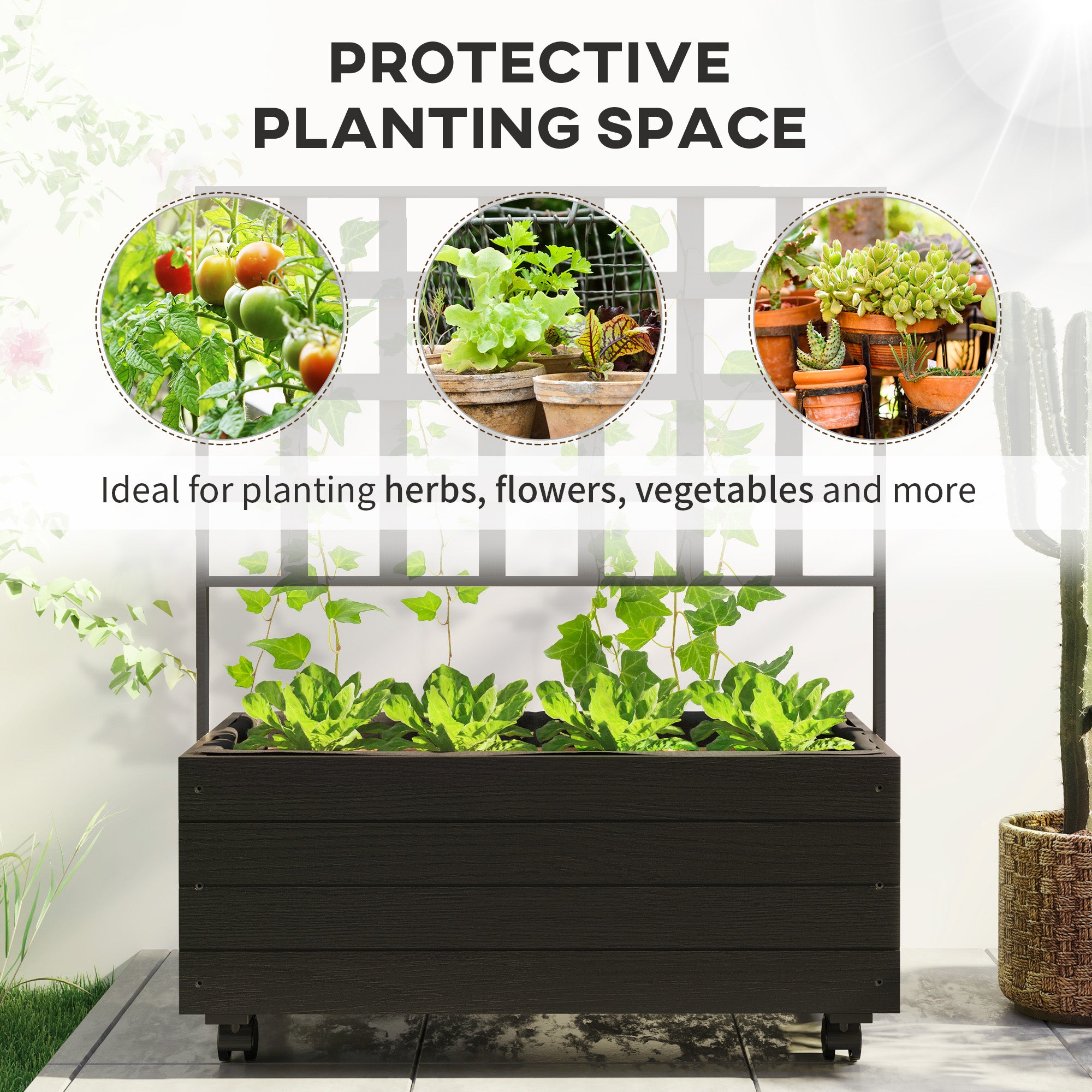 Raised Garden Bed with Trellis and Wheels, Outdoor Planter Wooden Elevated Garden Bed for Garden, Patio, Balcony - Black - Image 4