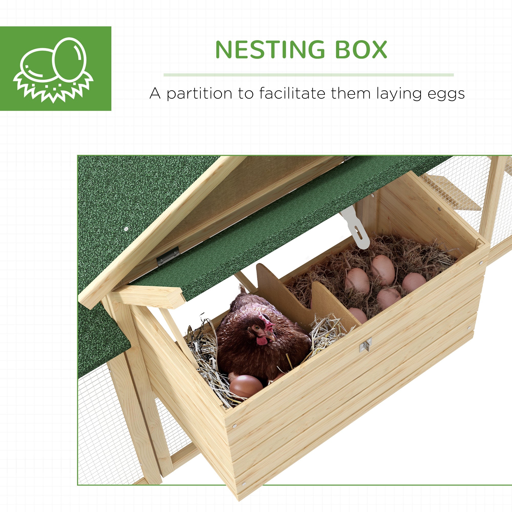 Wooden Chicken Coop ith Nesting Box, Double Runs, Removable Tray, Ramps, for Garden Backyard - Natural Wood - Image 6