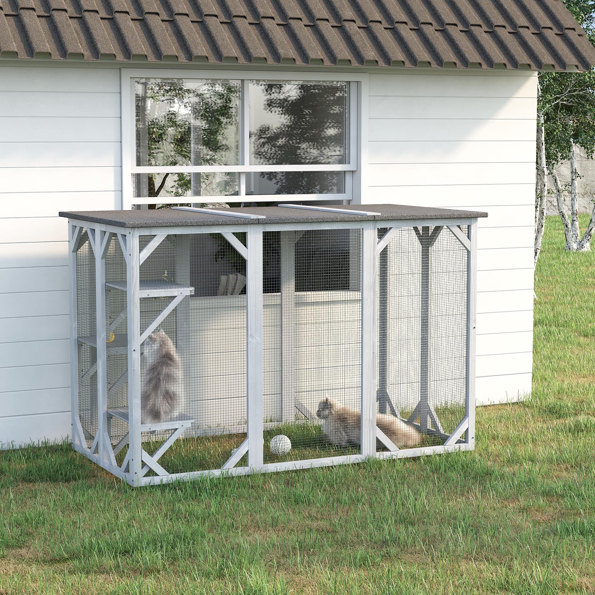 71" x 32" x 44" Large Wooden Outdoor Cat Enclosure Catio Cage With 3 Platforms, Gray - Grey - Image 3